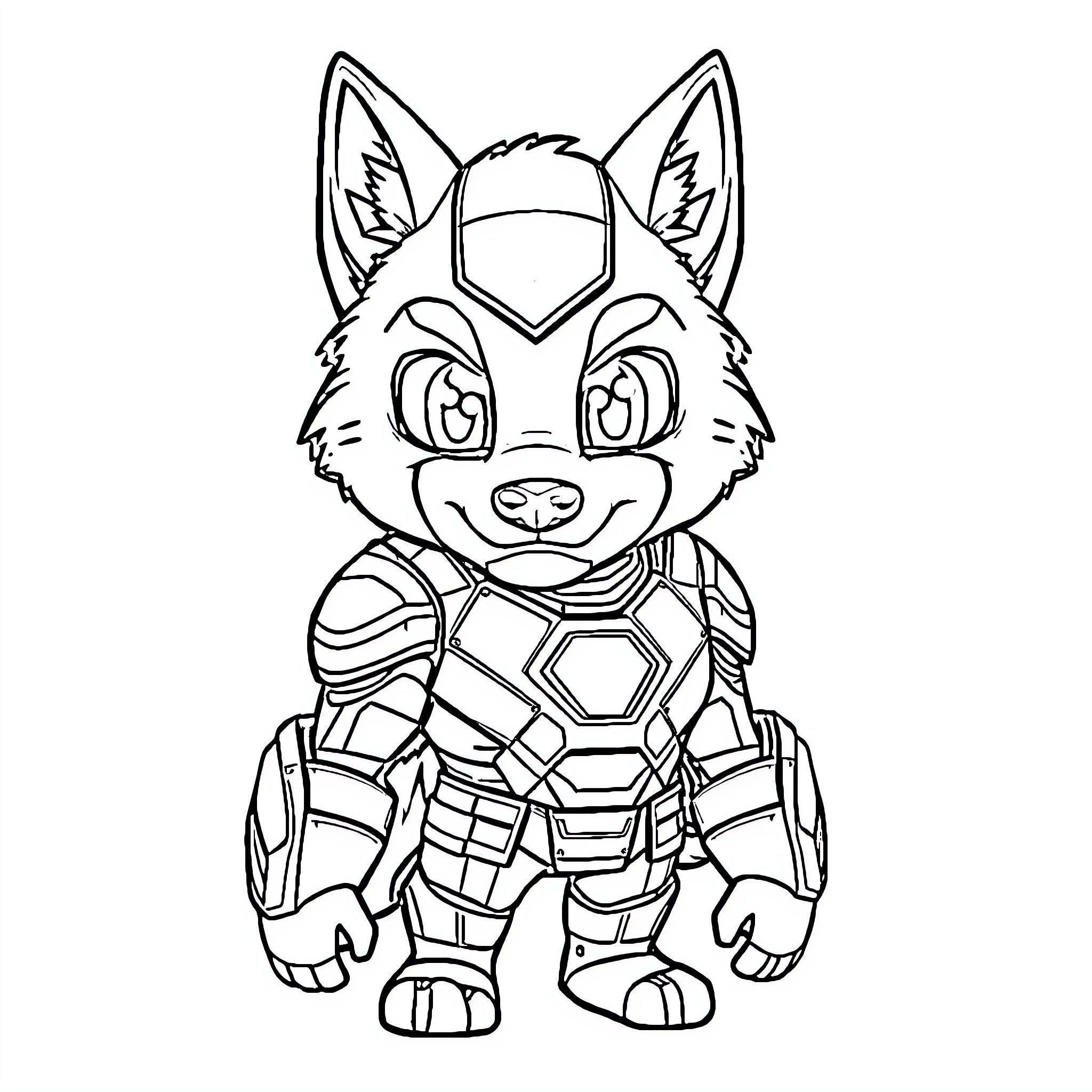 Wolf Superhero in Armored Costume Coloring Page (free black-and-white line drawing printable PDF for all, from beginners to advanced learners, including children, teens, adults, and seniors)