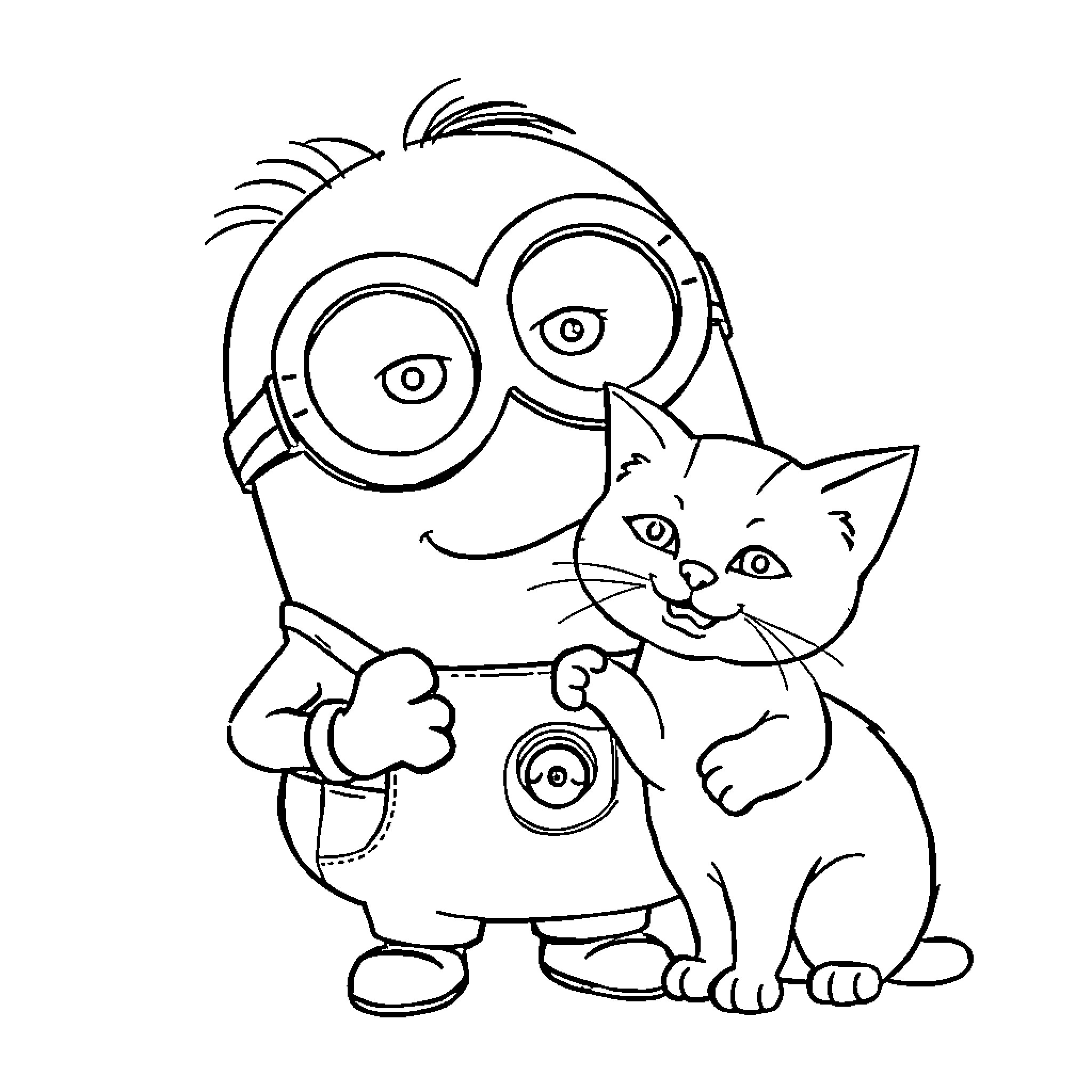 Minion playing happily with a cat Coloring Page (free black-and-white line drawing printable PDF for all, from beginners to advanced learners, including children, teens, adults, and seniors)