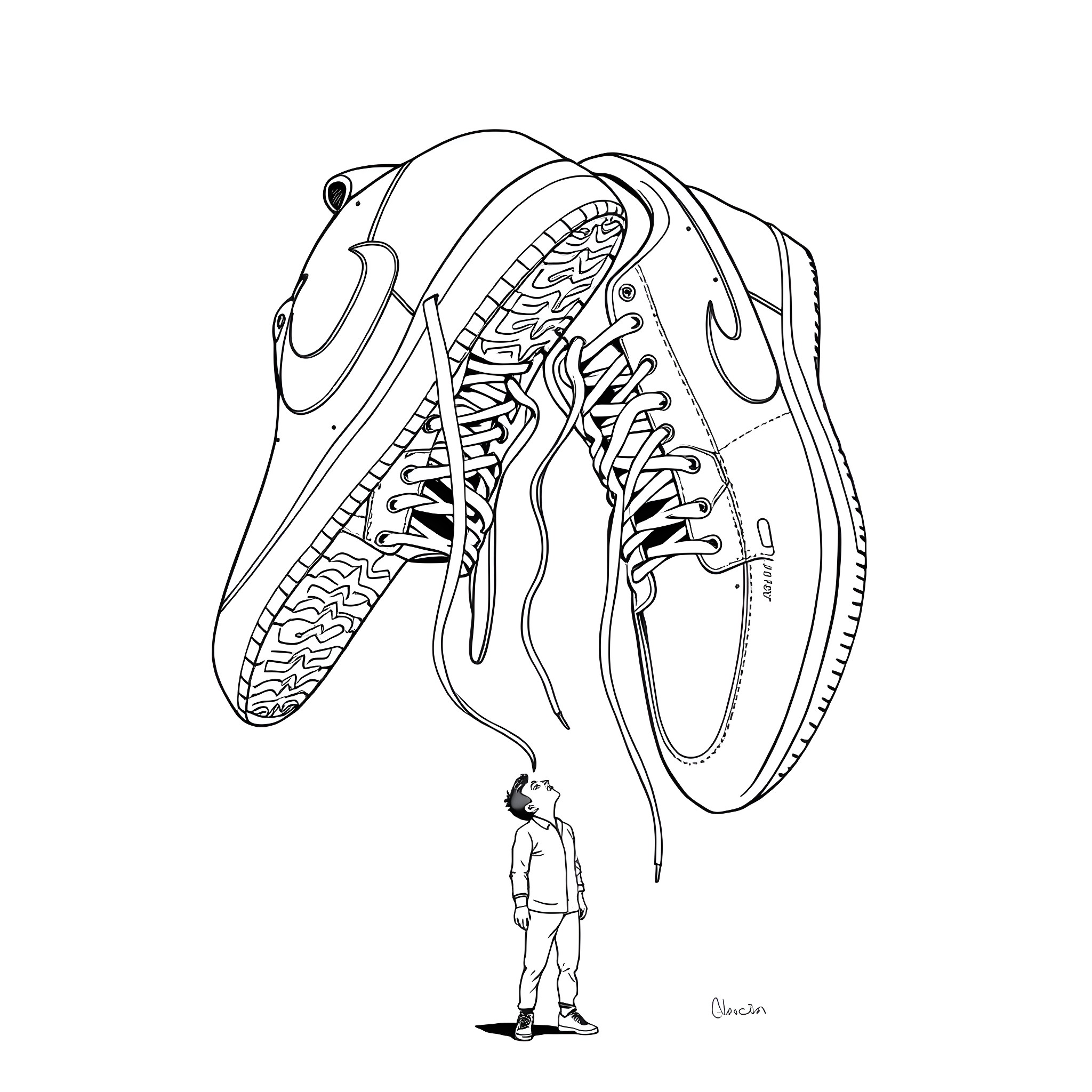 Sneaker silhouette with a tiny human figure Coloring Page (free black-and-white line drawing printable PDF for all, from beginners to advanced learners, including children, teens, adults, and seniors)
