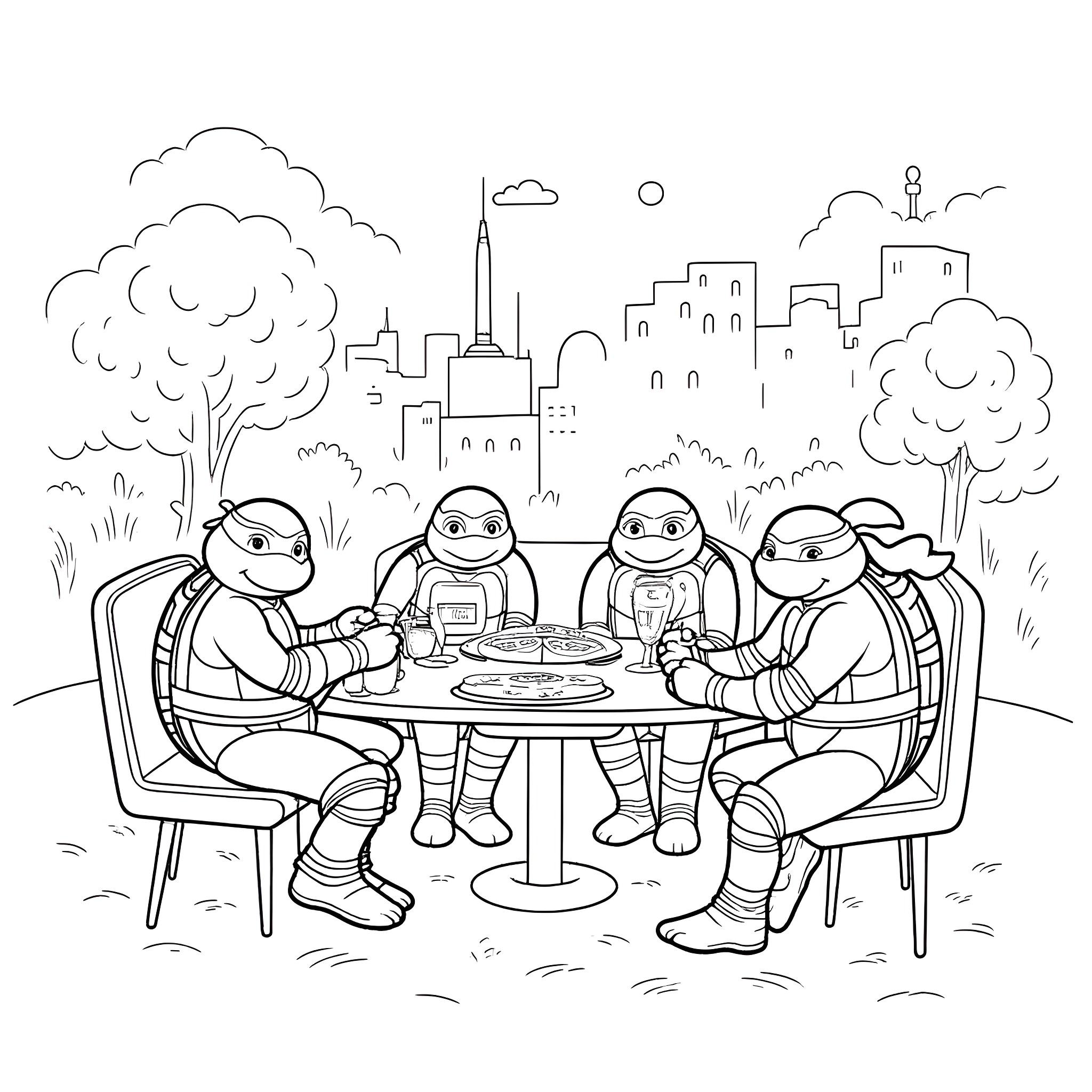 Teenage Mutant Ninja Turtles enjoying a meal together in the city Coloring Page (free black-and-white line drawing printable PDF for all, from beginners to advanced learners, including children, teens, adults, and seniors)