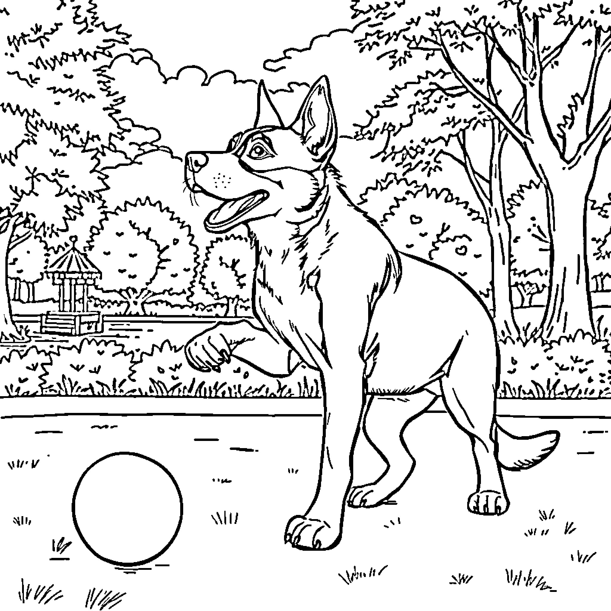 Dog playing with a ball in the park Coloring Page (free black-and-white line drawing printable PDF for all, from beginners to advanced learners, including children, teens, adults, and seniors)