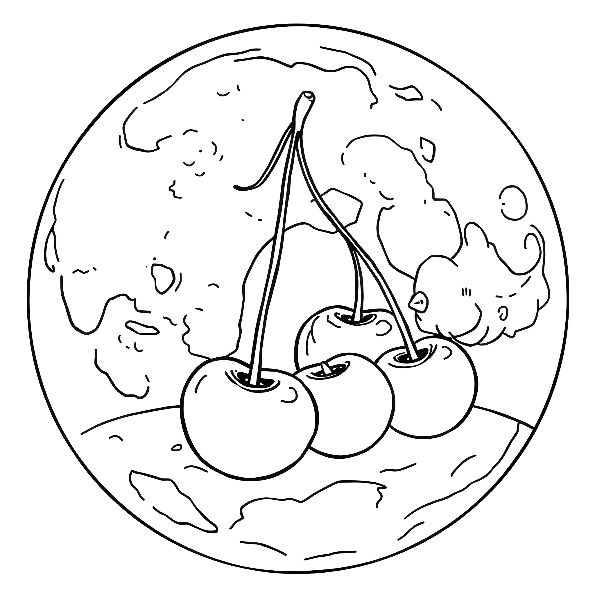 Cherry trio on a cloudy night Coloring Page (free black-and-white line drawing printable PDF for all, from beginners to advanced learners, including children, teens, adults, and seniors)