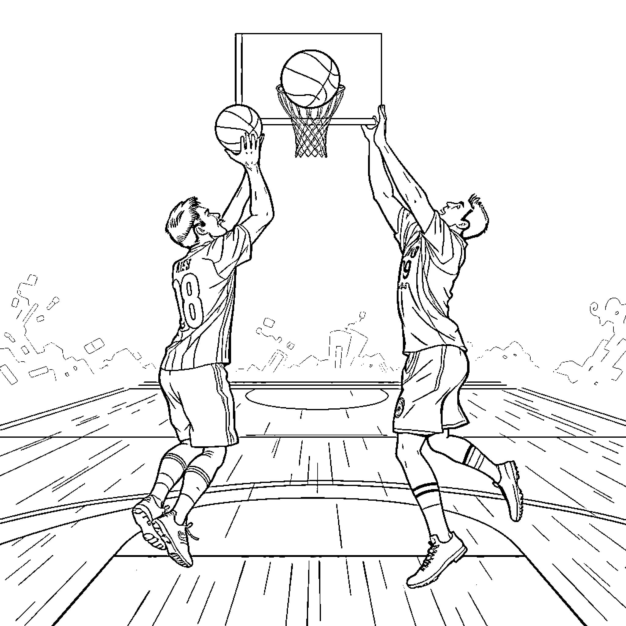 Messi and Ronaldo competing in a basketball game Coloring Page (free black-and-white line drawing printable PDF for all, from beginners to advanced learners, including children, teens, adults, and seniors)
