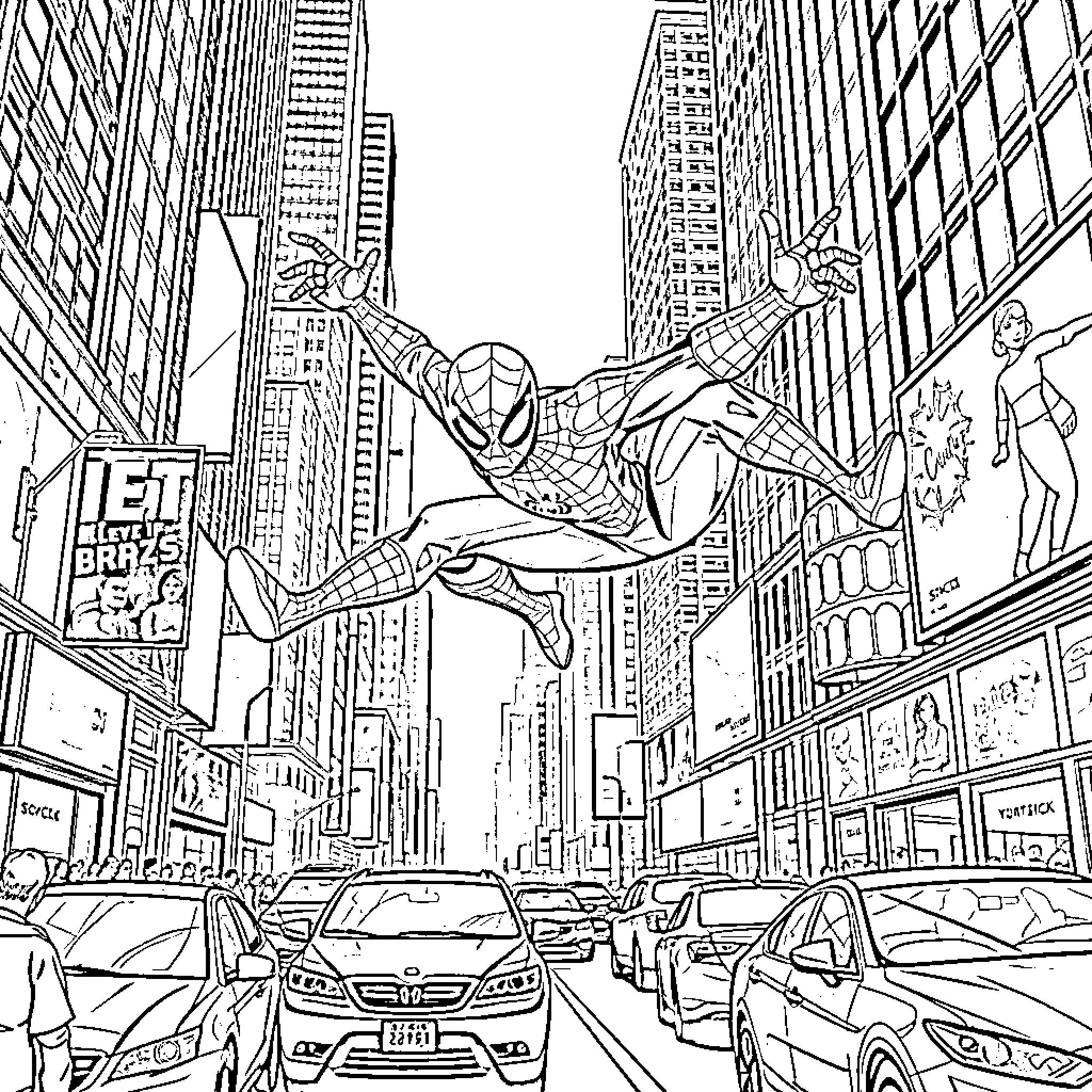 Spider-Man swinging through bustling city streets Coloring Page (free black-and-white line drawing printable PDF for all, from beginners to advanced learners, including children, teens, adults, and seniors)