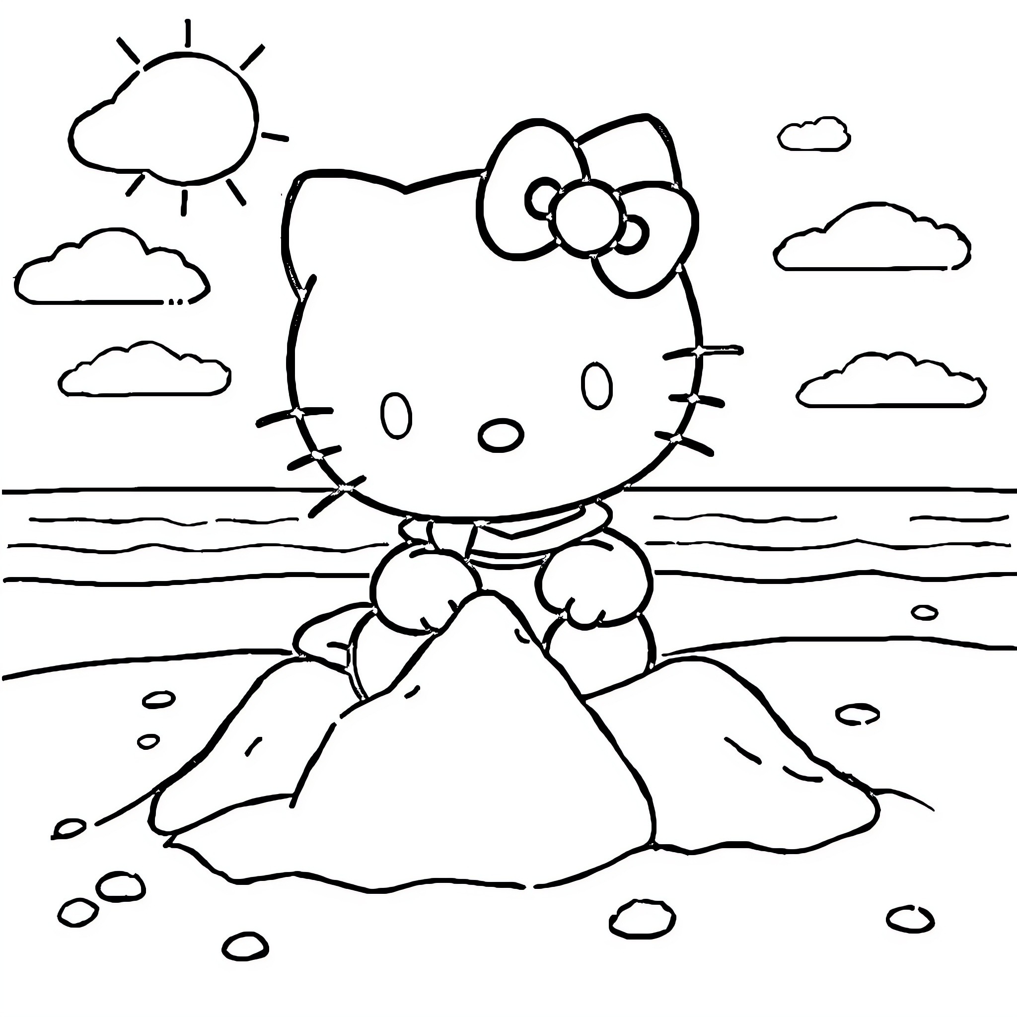 Hello Kitty relaxing on the beach Coloring Page (free black-and-white line drawing printable PDF for all, from beginners to advanced learners, including children, teens, adults, and seniors)