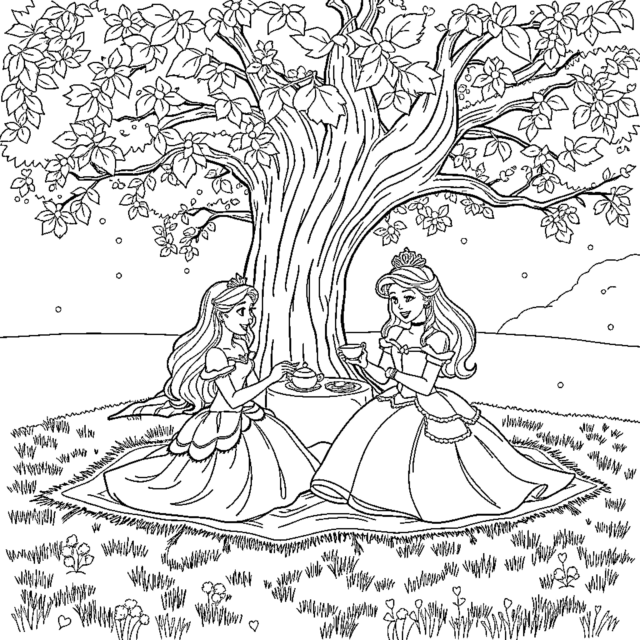 Princess Enjoying Tea Party in Flower Garden Coloring Page (free black-and-white line drawing printable PDF for all, from beginners to advanced learners, including children, teens, adults, and seniors)