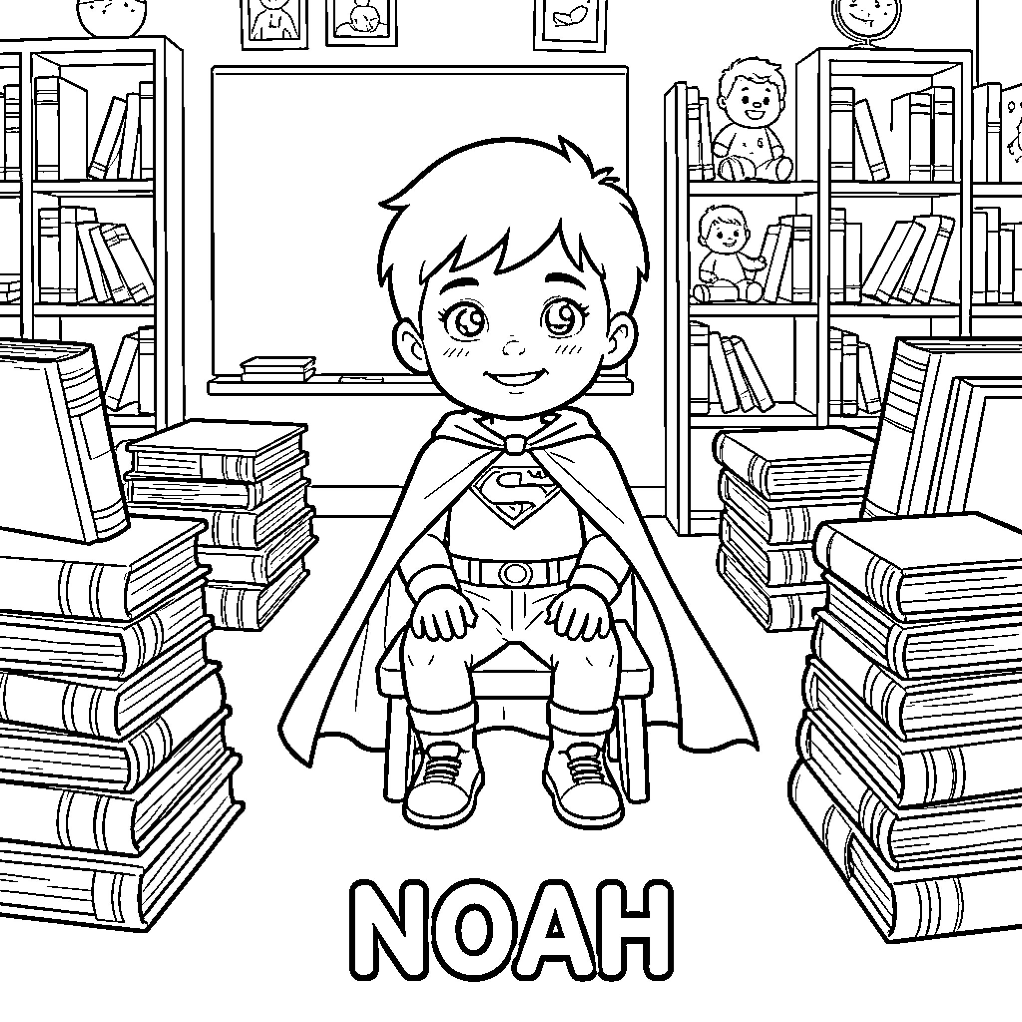 Noah wearing a superhero cape sitting among books Coloring Page (free black-and-white line drawing printable PDF for all, from beginners to advanced learners, including children, teens, adults, and seniors)