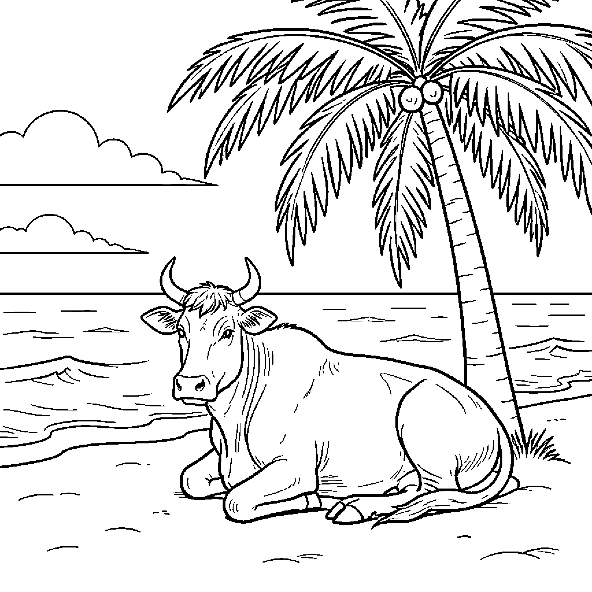 Cow resting peacefully under a palm tree on a beach Coloring Page (free black-and-white line drawing printable PDF for all, from beginners to advanced learners, including children, teens, adults, and seniors)