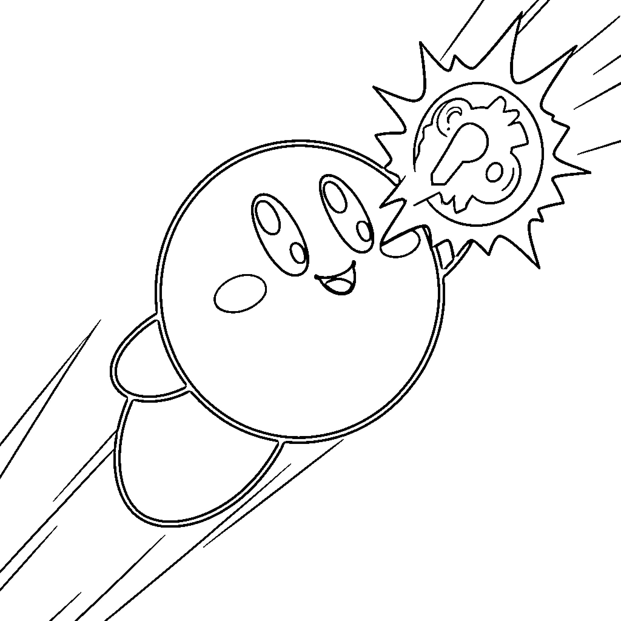 Kirby flying joyfully through the air Coloring Page (free black-and-white line drawing printable PDF for all, from beginners to advanced learners, including children, teens, adults, and seniors)