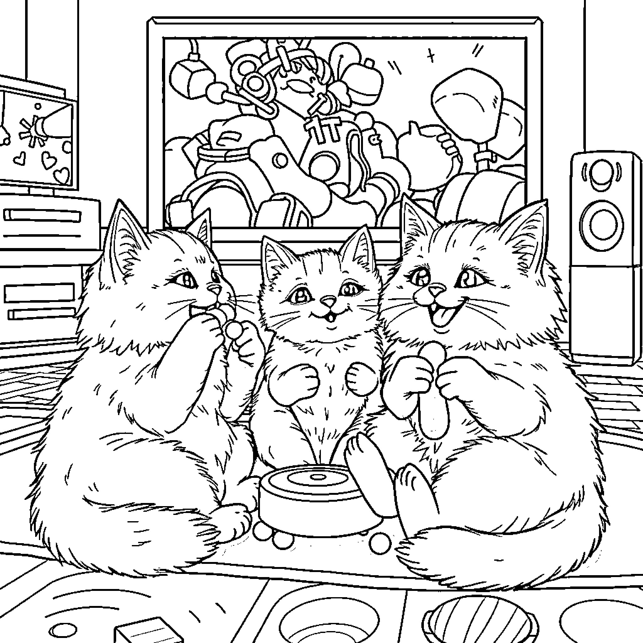 Cats Enjoying Music and Entertainment Coloring Page (free black-and-white line drawing printable PDF for all, from beginners to advanced learners, including children, teens, adults, and seniors)