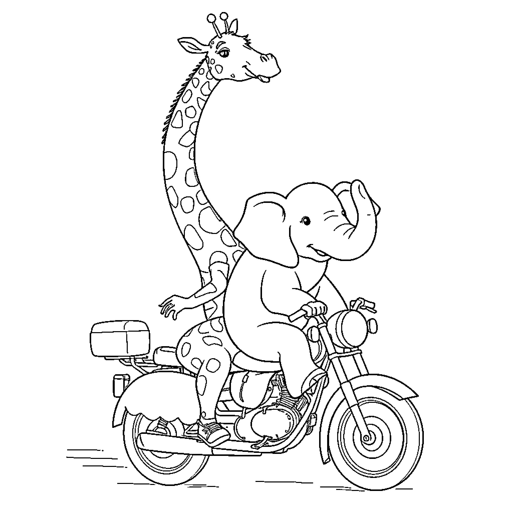 Giraffe and Elephant Ride Motorcycle Together Coloring Page (free black-and-white line drawing printable PDF for all, from beginners to advanced learners, including children, teens, adults, and seniors)