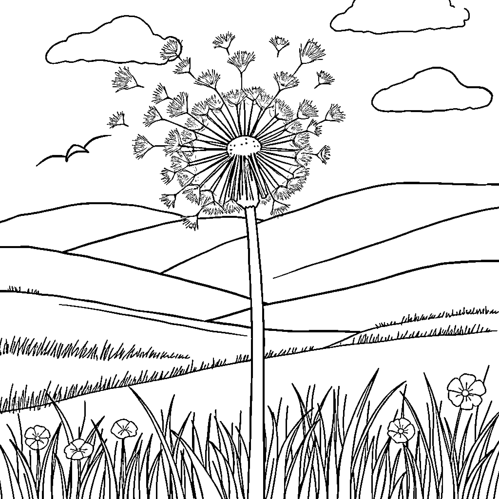 Dandelion field in a scenic landscape Coloring Page (free black-and-white line drawing printable PDF for all, from beginners to advanced learners, including children, teens, adults, and seniors)