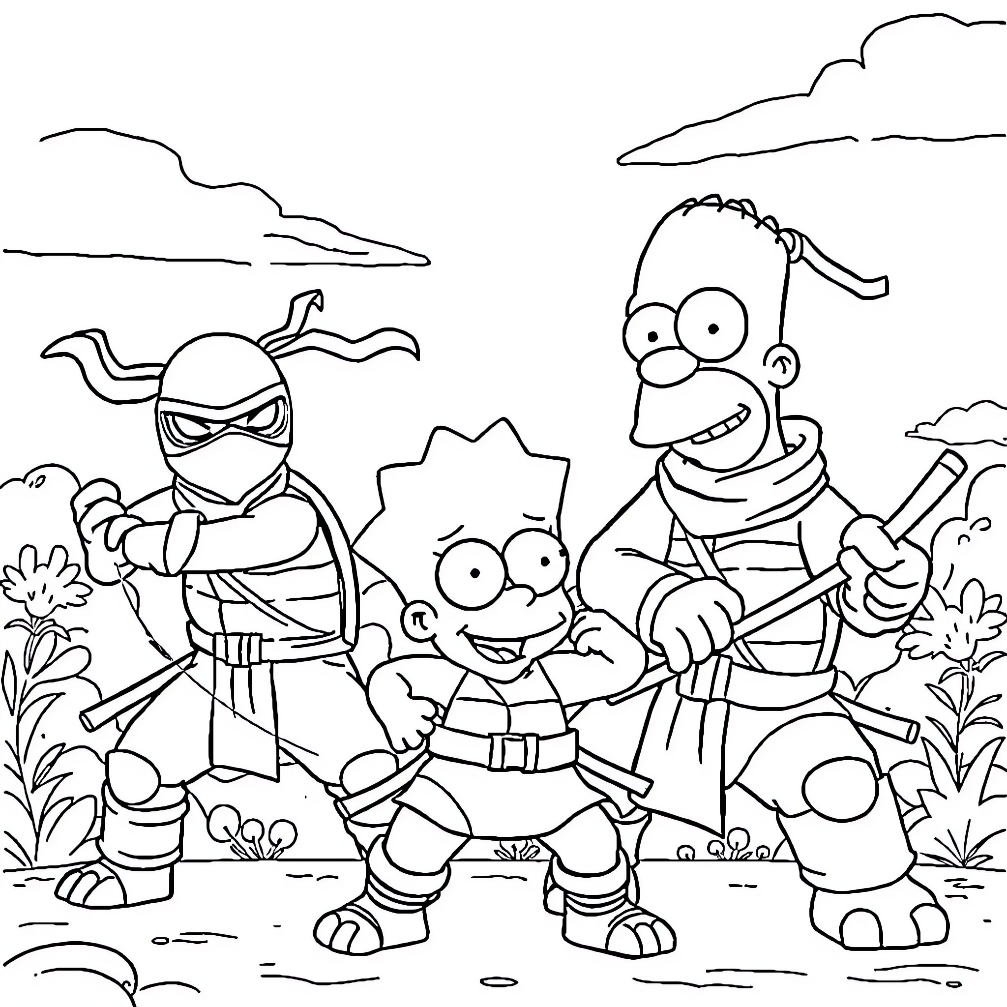 Turtle Ninjas and Bart Simpson Explore Outdoors Coloring Page (free black-and-white line drawing printable PDF for all, from beginners to advanced learners, including children, teens, adults, and seniors)