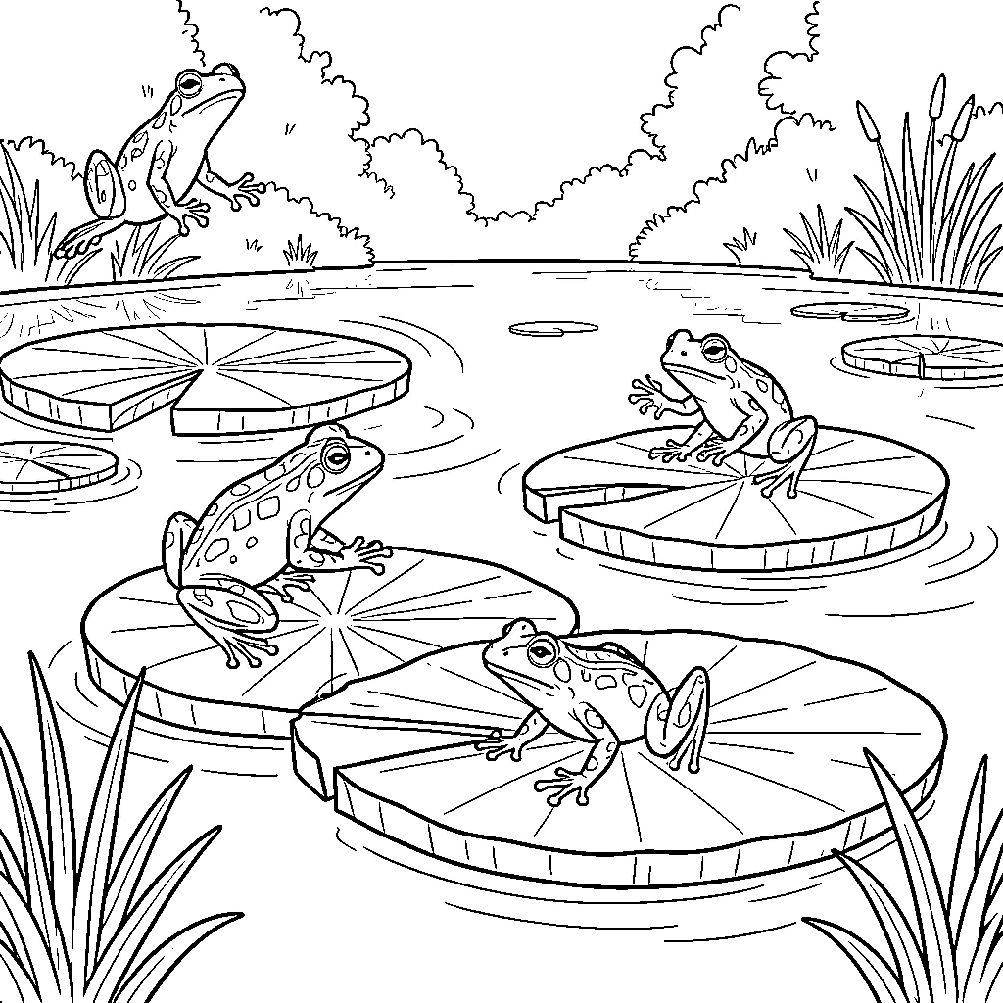 Frog jumping between lily pads in a pond Coloring Page (free black-and-white line drawing printable PDF for all, from beginners to advanced learners, including children, teens, adults, and seniors)