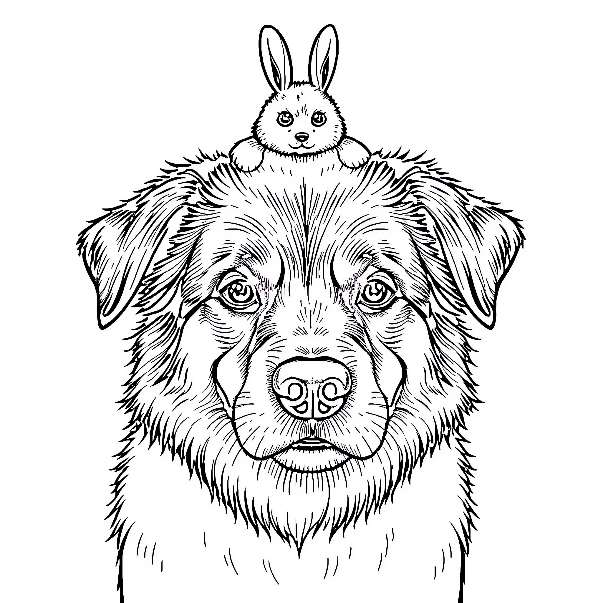 Dog with a curious bunny on its head Coloring Page (free black-and-white line drawing printable PDF for all, from beginners to advanced learners, including children, teens, adults, and seniors)
