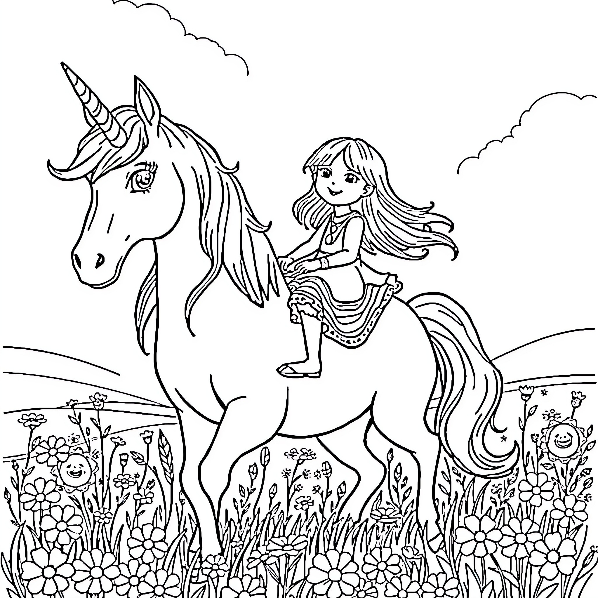 Unicorn and cheerful girl explore flowery meadow Coloring Page (free black-and-white line drawing printable PDF for all, from beginners to advanced learners, including children, teens, adults, and seniors)