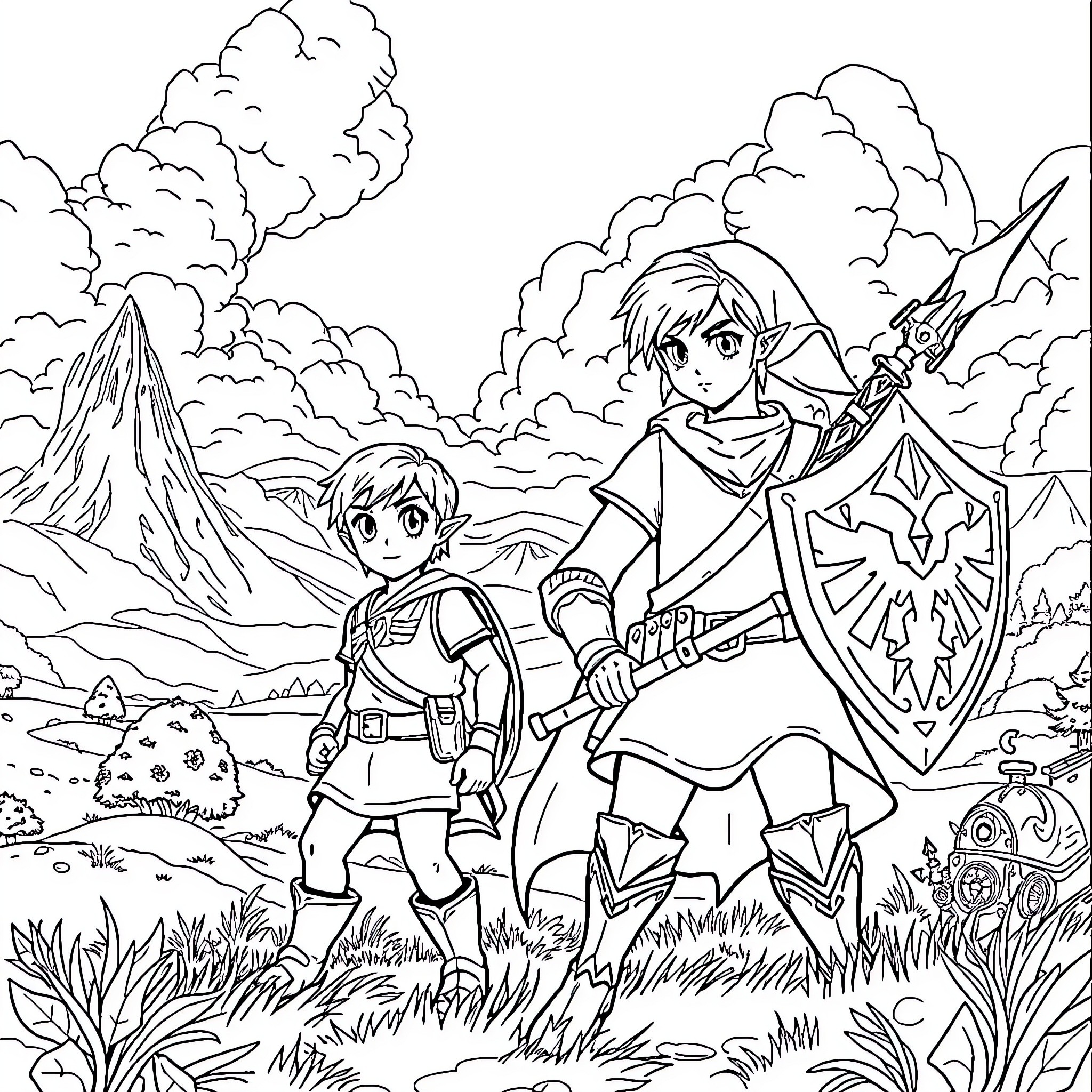Link on an Adventure with Companion Coloring Page (free black-and-white line drawing printable PDF for all, from beginners to advanced learners, including children, teens, adults, and seniors)