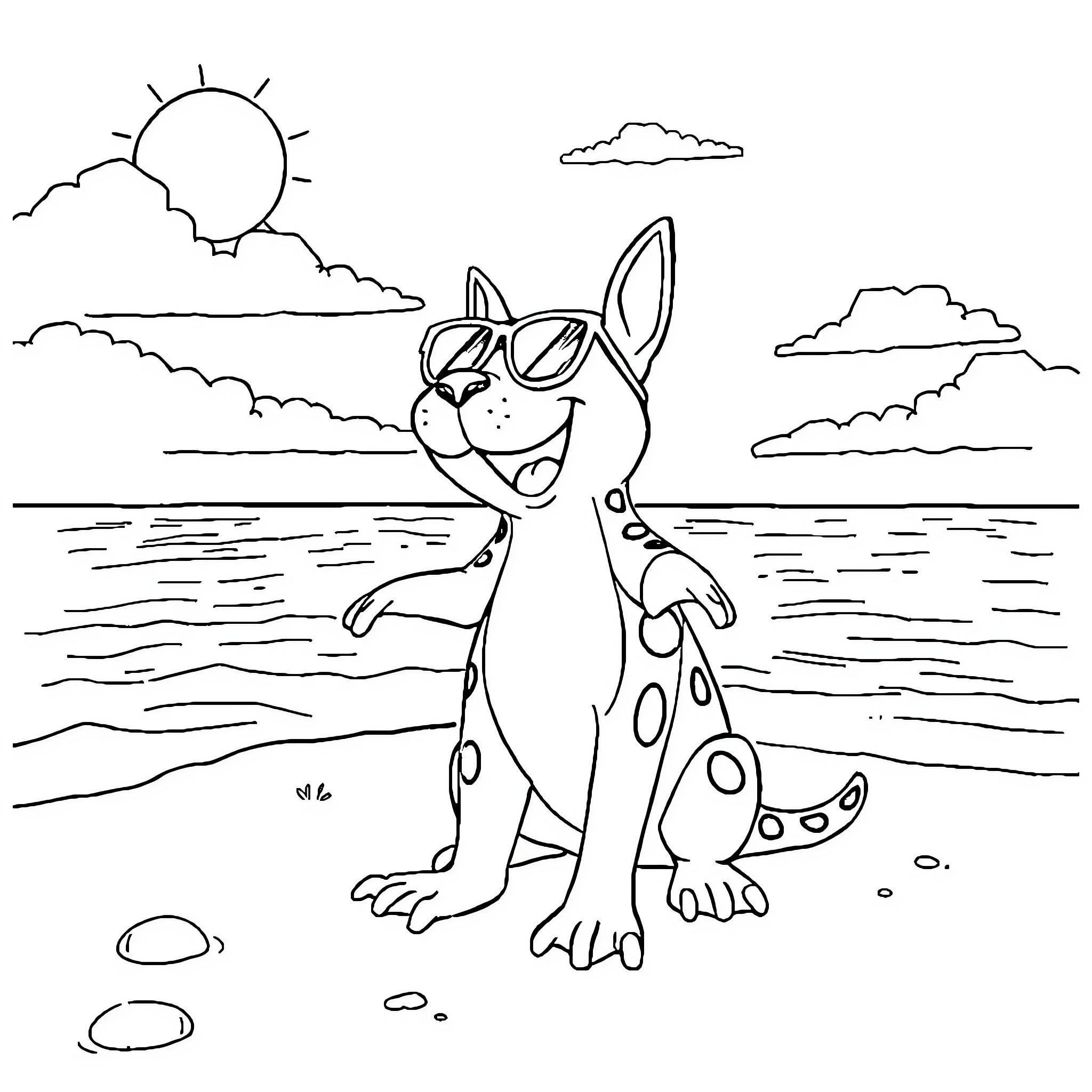 Paw Patrol dog enjoying a sunny day at the beach Coloring Page (free black-and-white line drawing printable PDF for all, from beginners to advanced learners, including children, teens, adults, and seniors)
