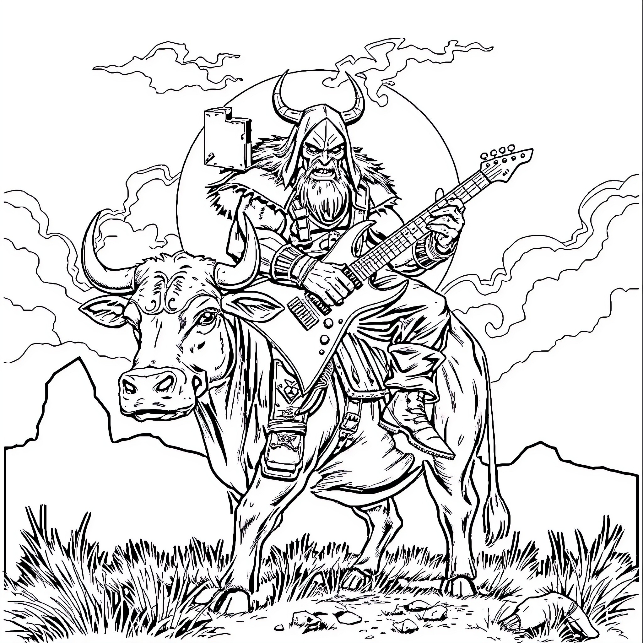 Doomslayer's Furious Reckoning on the Frontier Coloring Page (free black-and-white line drawing printable PDF for all, from beginners to advanced learners, including children, teens, adults, and seniors)