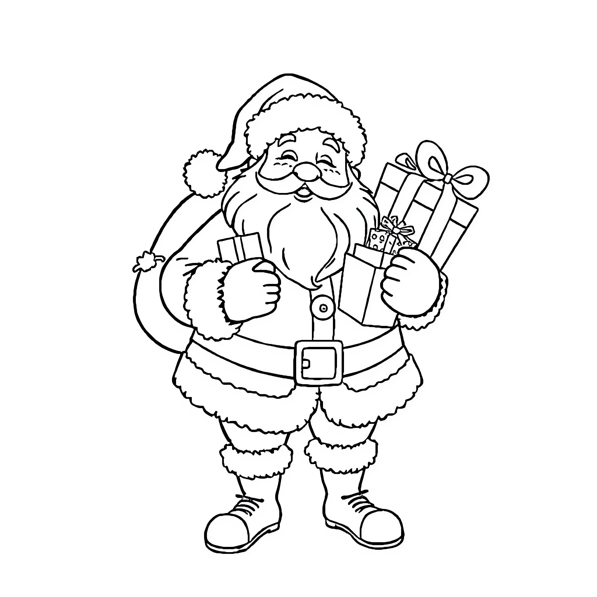 Santa Claus carrying gifts and smiling Coloring Page (free black-and-white line drawing printable PDF for all, from beginners to advanced learners, including children, teens, adults, and seniors)