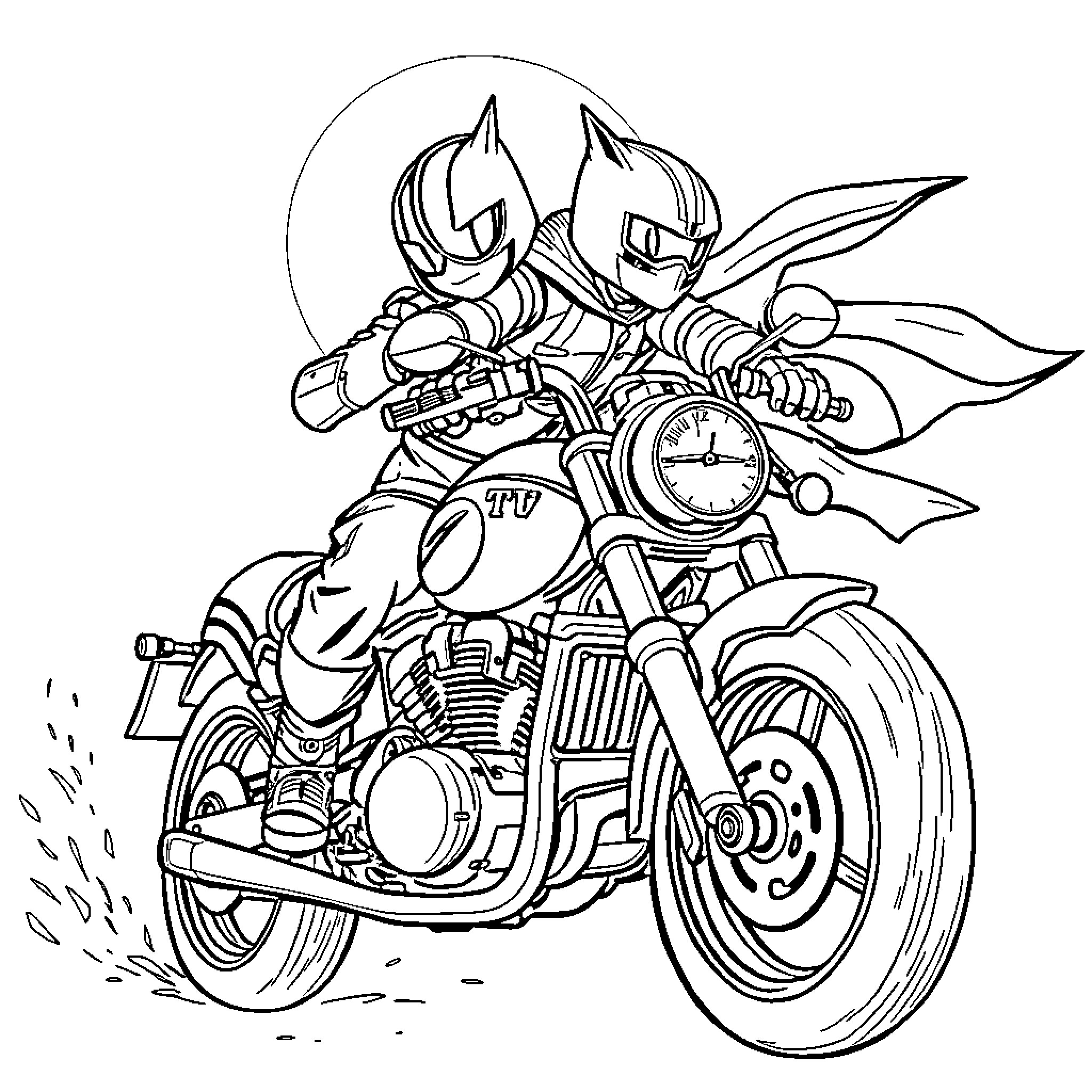 Shadow Rider Racing on Motorcycle Coloring Page (free black-and-white line drawing printable PDF for all, from beginners to advanced learners, including children, teens, adults, and seniors)