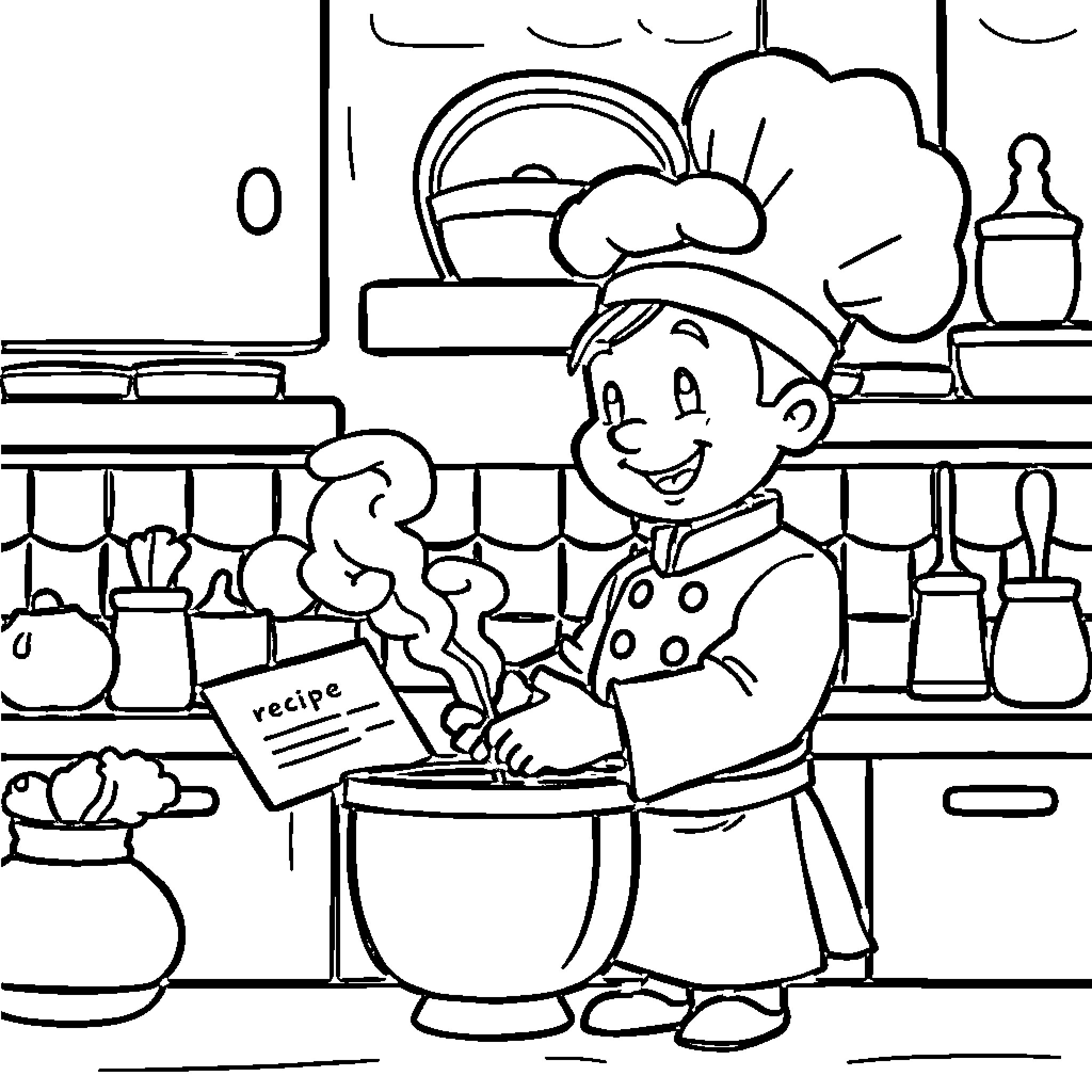 Chef Cooking and Preparing Delicious Meal in Kitchen Coloring Page (free black-and-white line drawing printable PDF for all, from beginners to advanced learners, including children, teens, adults, and seniors)