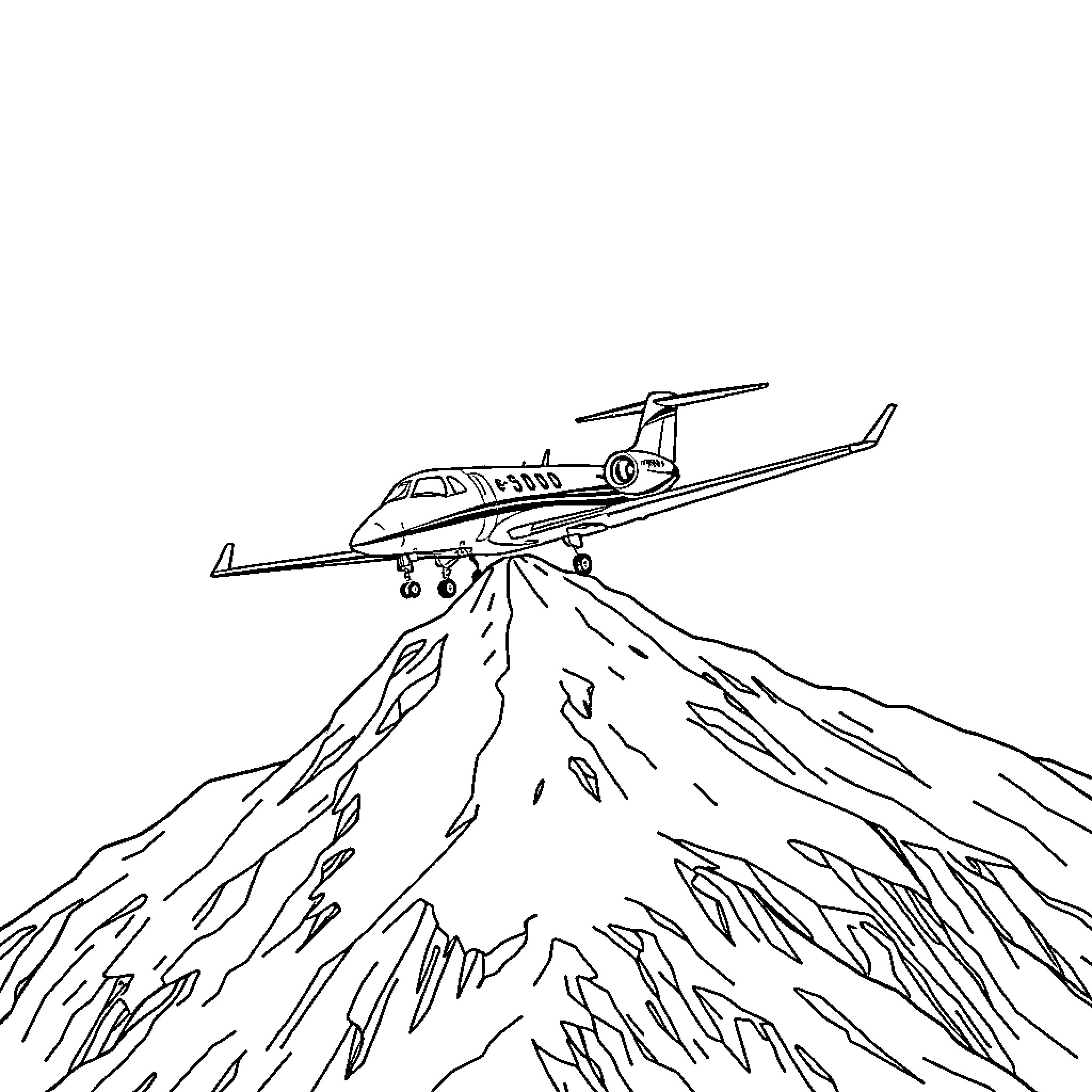 Plane soaring over rugged mountain landscape Coloring Page (free black-and-white line drawing printable PDF for all, from beginners to advanced learners, including children, teens, adults, and seniors)
