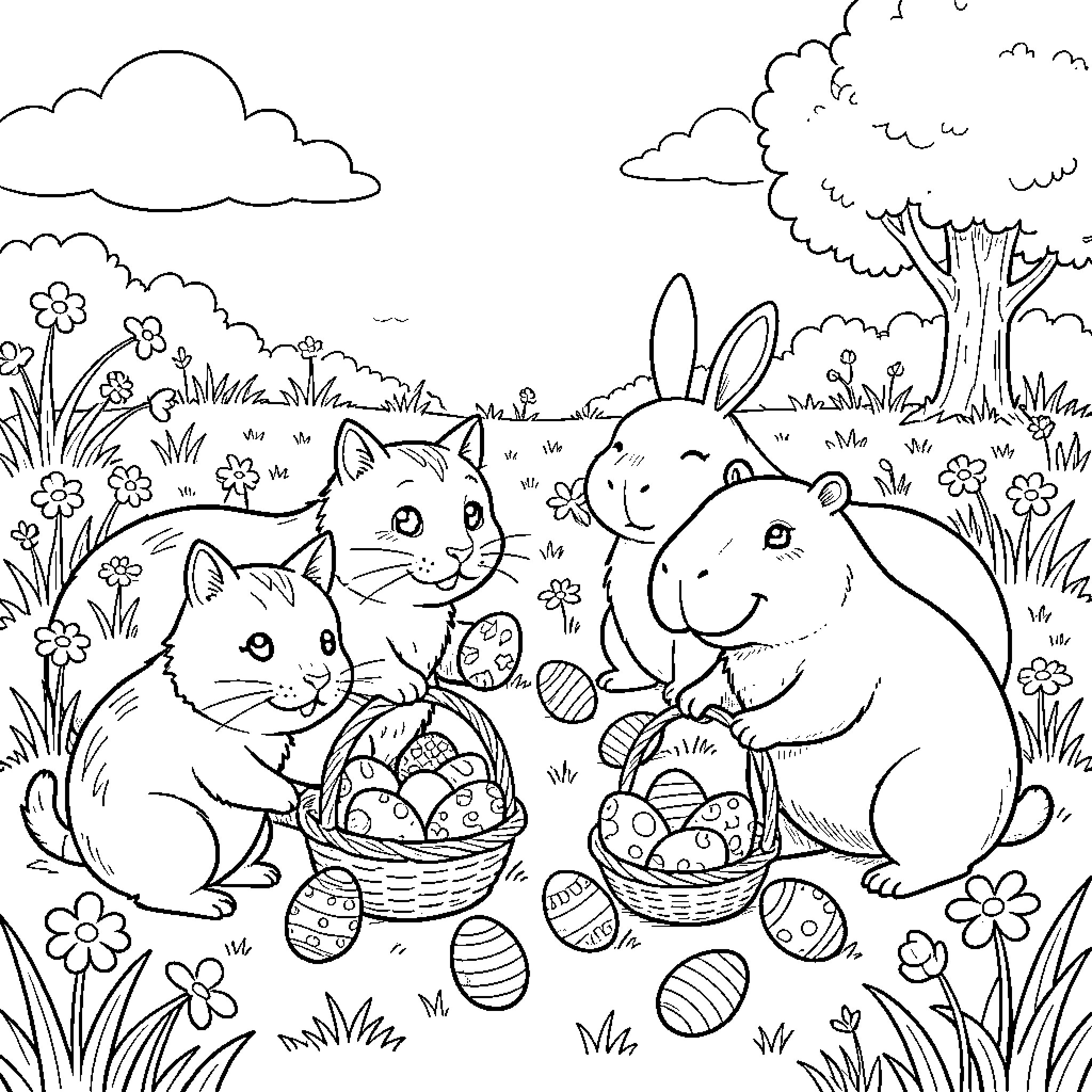 Easter Cat Enjoying Nature with Bunnies Coloring Page (free black-and-white line drawing printable PDF for all, from beginners to advanced learners, including children, teens, adults, and seniors)