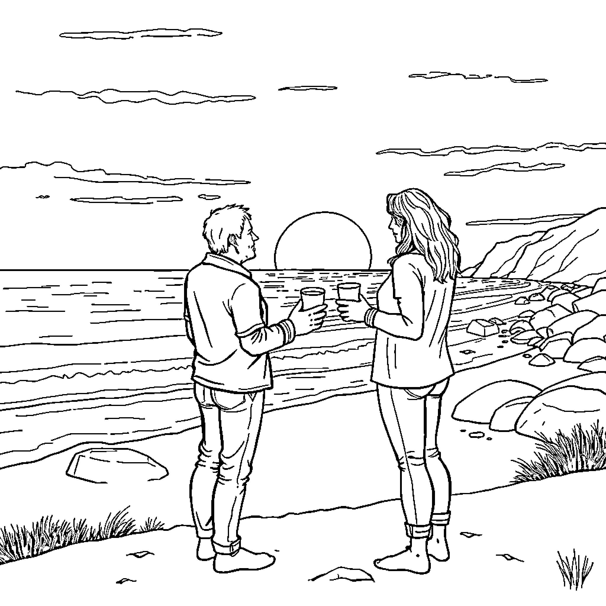 Man and Woman Enjoying the Sunset by the Beach Coloring Page (free black-and-white line drawing printable PDF for all, from beginners to advanced learners, including children, teens, adults, and seniors)