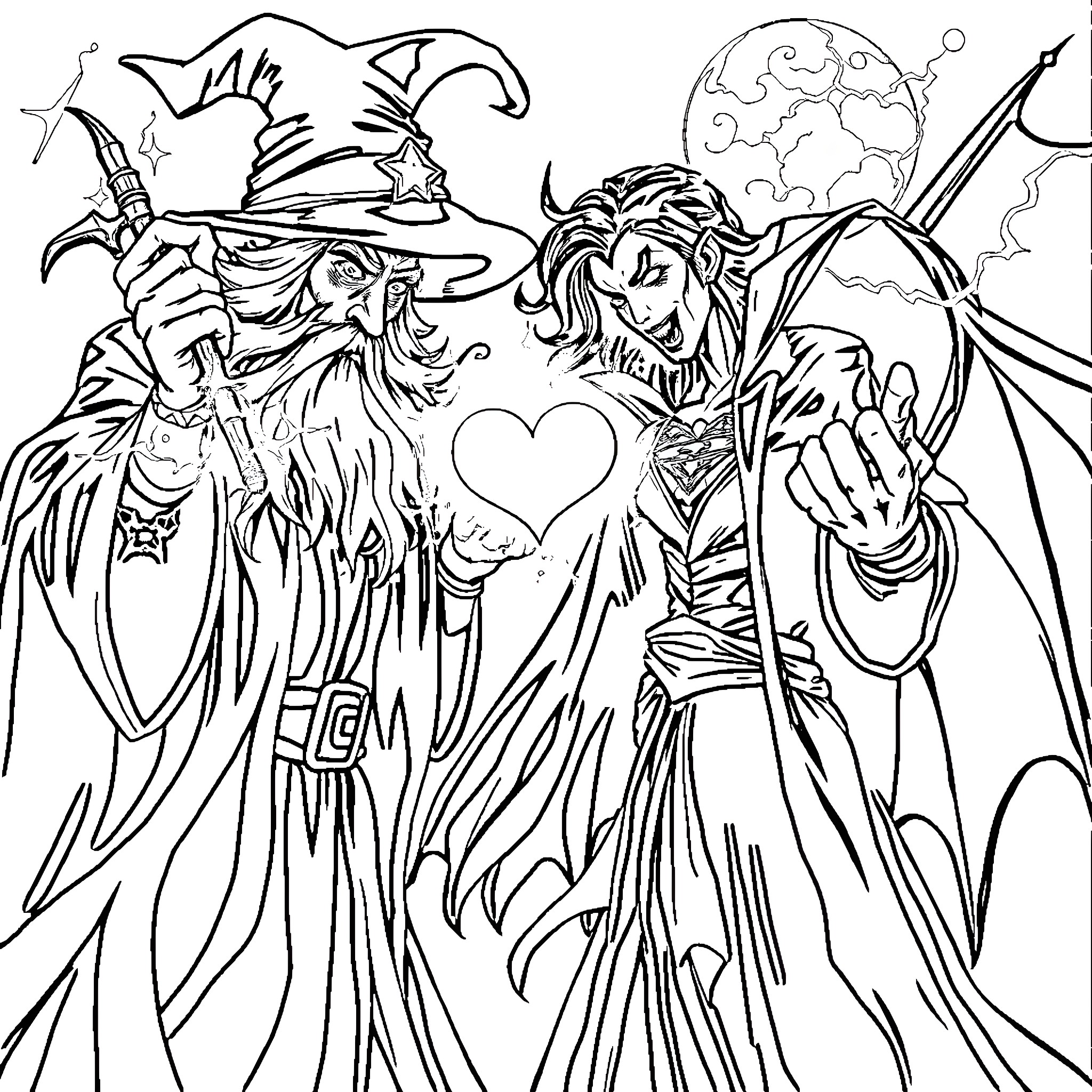 Wizard's Enchanting Embrace of Dark and Light Coloring Page (free black-and-white line drawing printable PDF for all, from beginners to advanced learners, including children, teens, adults, and seniors)