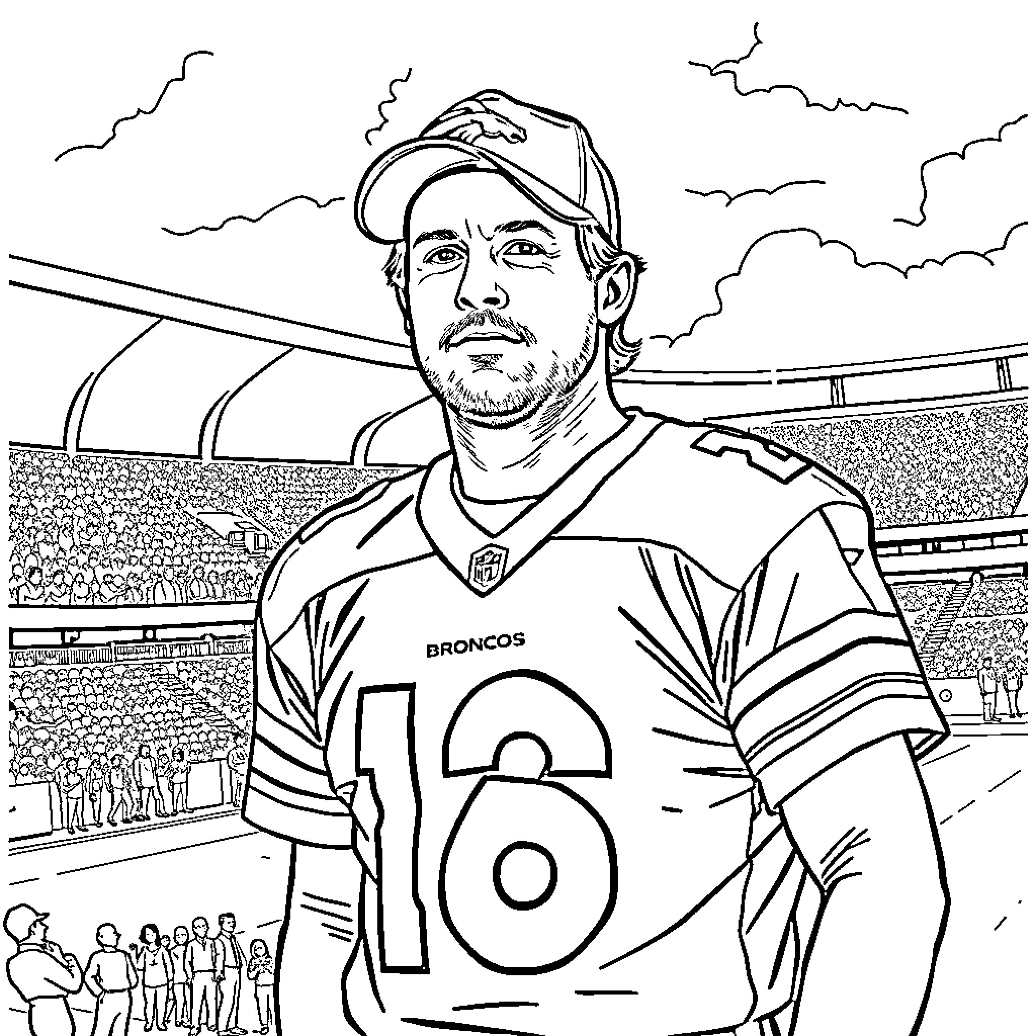 John Elway portrait in NFL uniform on football field Coloring Page (free black-and-white line drawing printable PDF for all, from beginners to advanced learners, including children, teens, adults, and seniors)