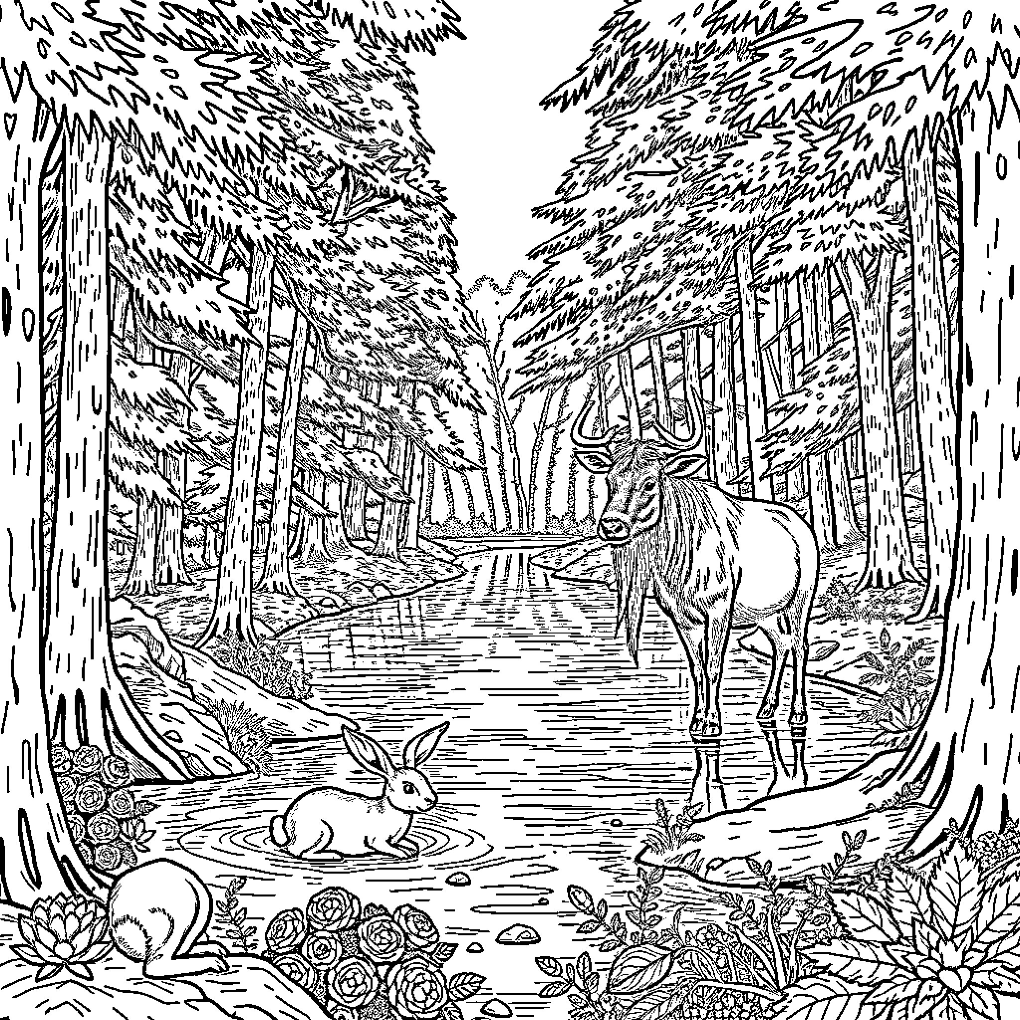 Forest scene with deer and rabbits Coloring Page (free black-and-white line drawing printable PDF for all, from beginners to advanced learners, including children, teens, adults, and seniors)