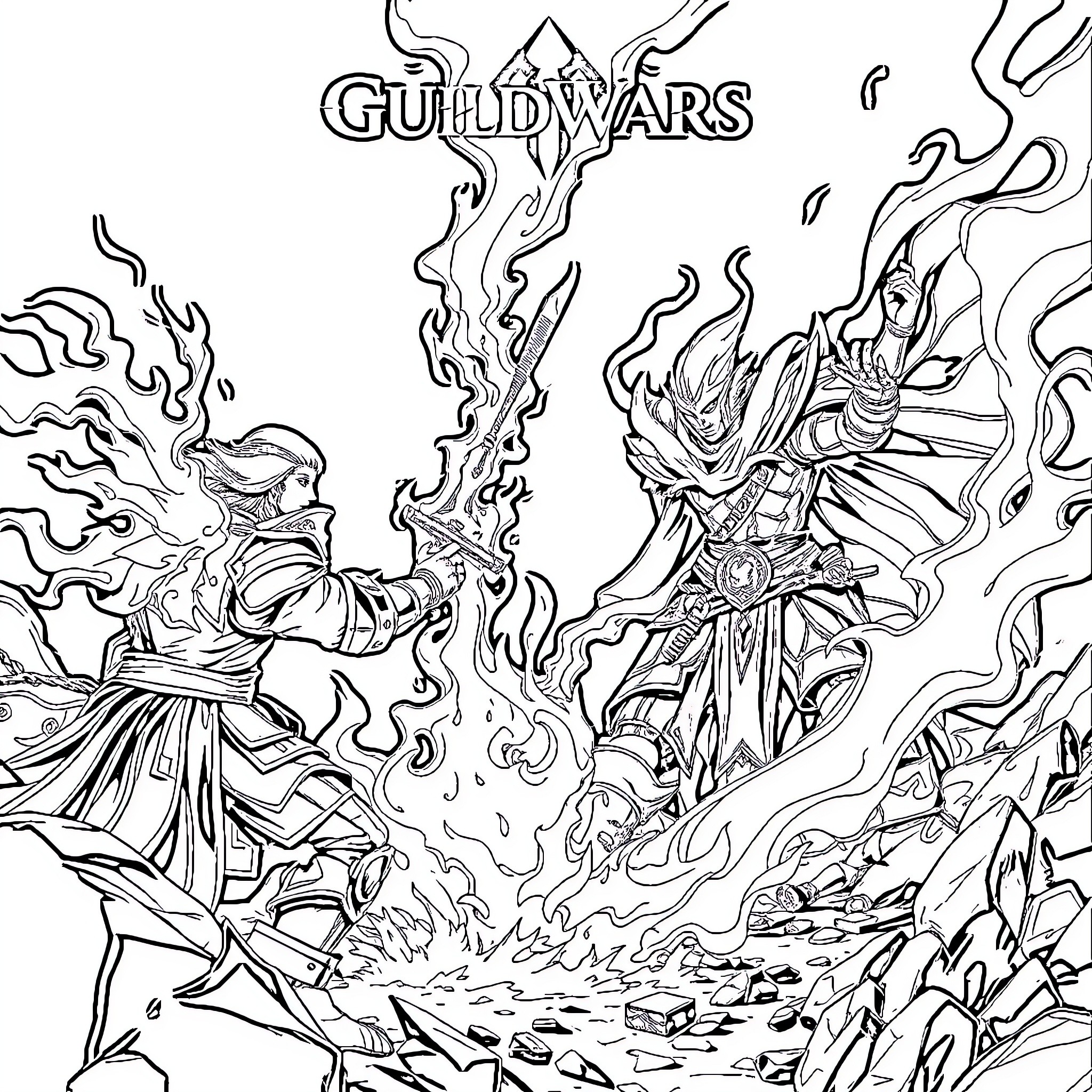 Elementalist Wielding Powerful Magical Abilities in Battle Coloring Page (free black-and-white line drawing printable PDF for all, from beginners to advanced learners, including children, teens, adults, and seniors)