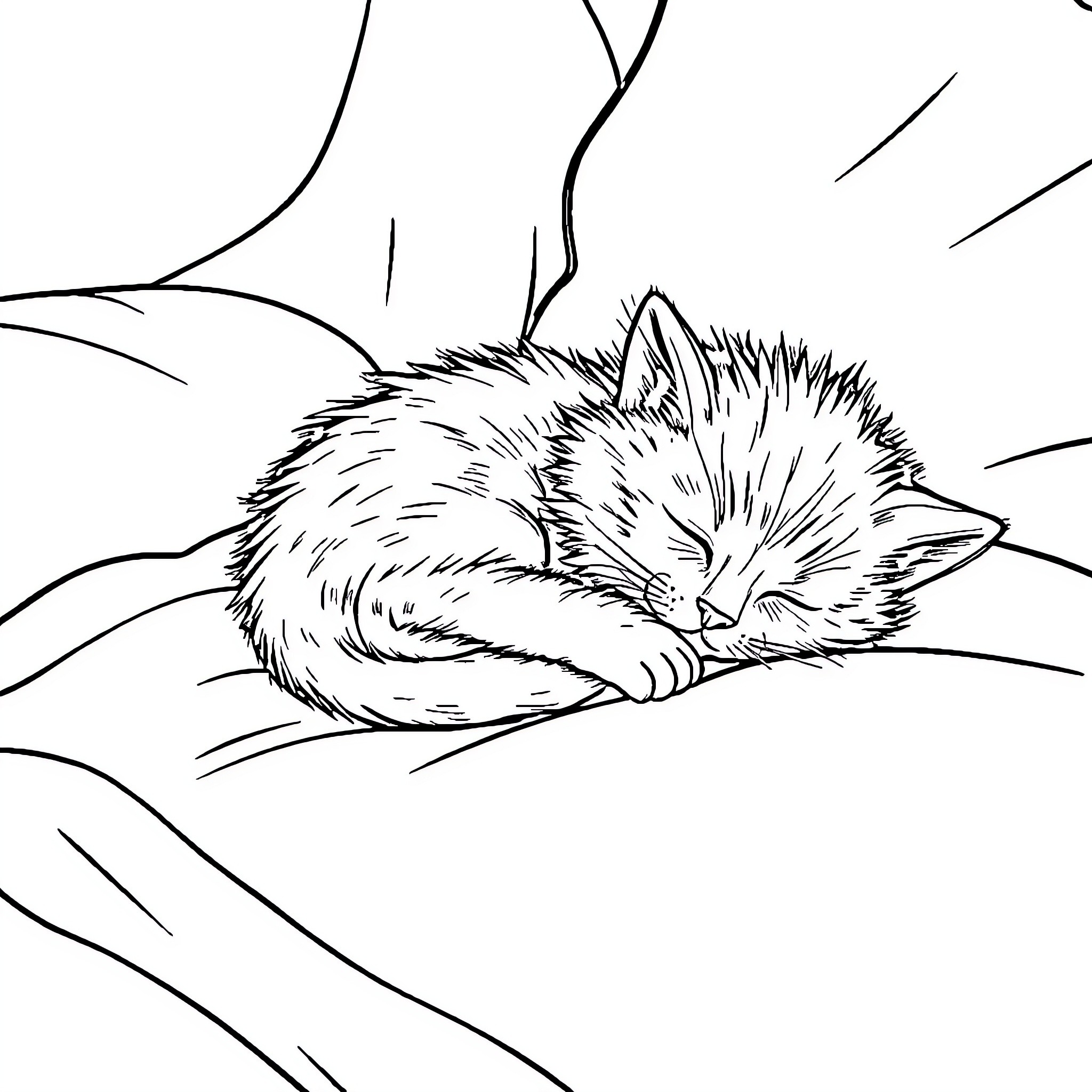 Kitten napping peacefully on the ground Coloring Page (free black-and-white line drawing printable PDF for all, from beginners to advanced learners, including children, teens, adults, and seniors)