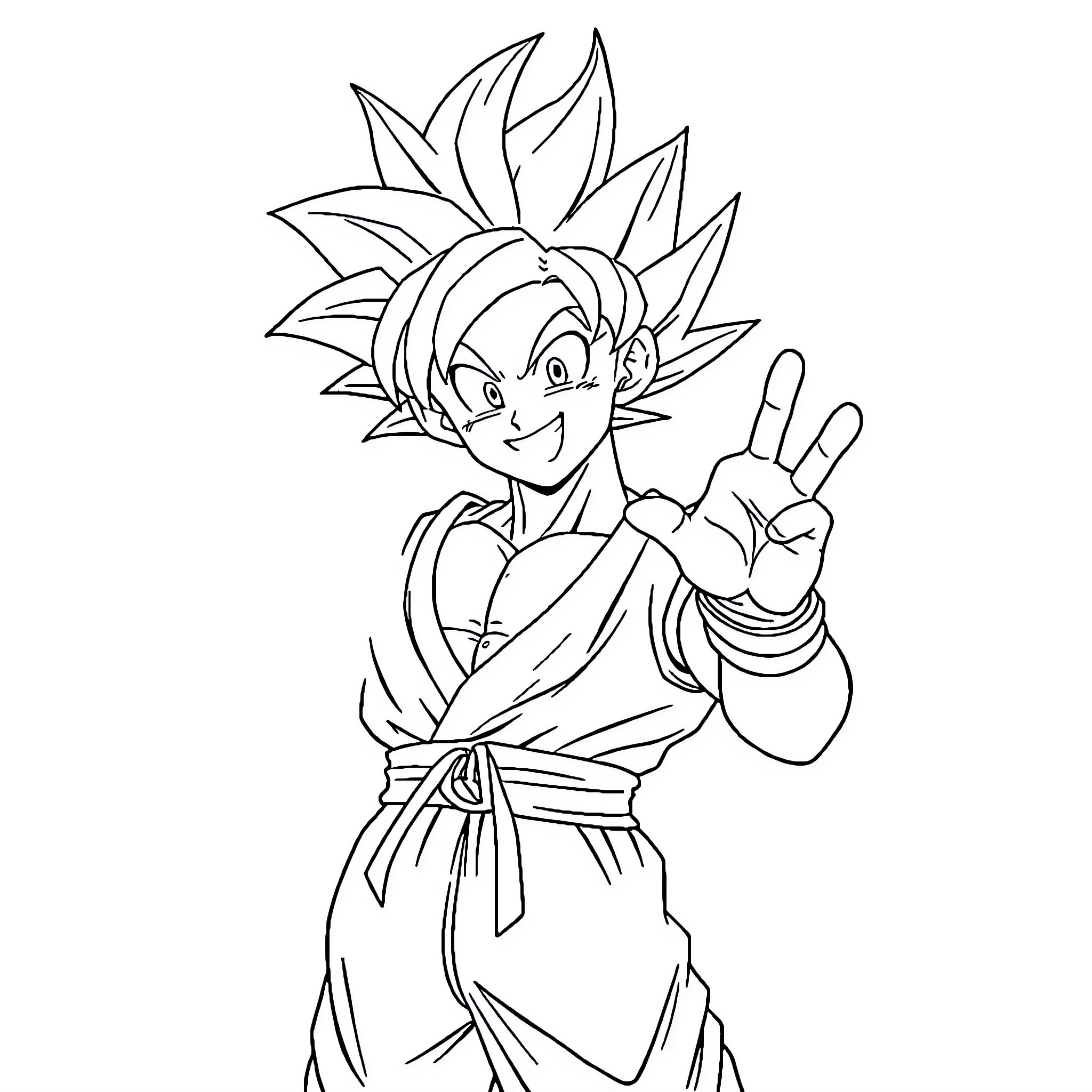 Goku showing victory sign in fighting outfit Coloring Page (free black-and-white line drawing printable PDF for all, from beginners to advanced learners, including children, teens, adults, and seniors)