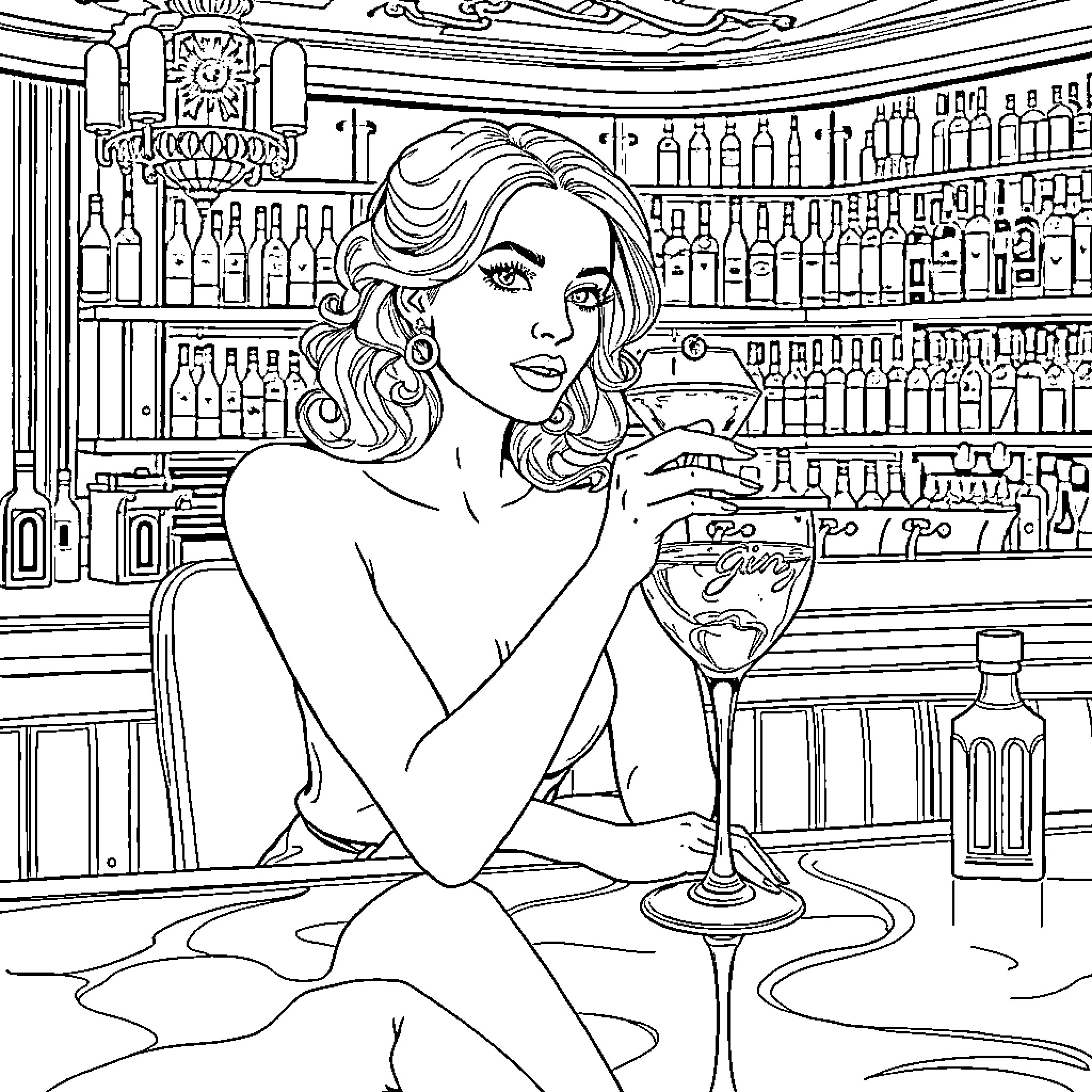 Lady enjoying a glass of wine in a sophisticated bar Coloring Page (free black-and-white line drawing printable PDF for all, from beginners to advanced learners, including children, teens, adults, and seniors)