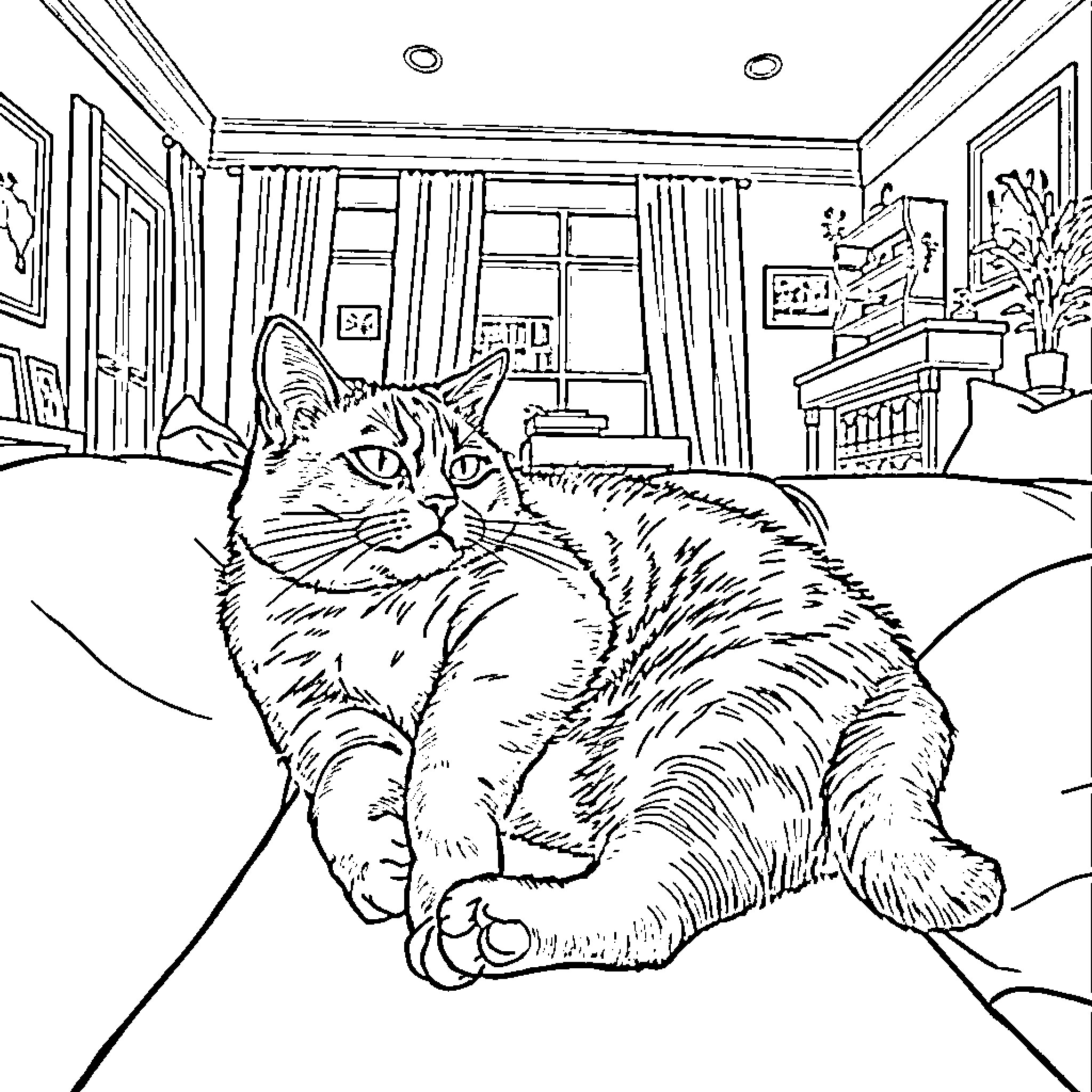 Cat resting comfortably in a cozy indoor setting Coloring Page (free black-and-white line drawing printable PDF for all, from beginners to advanced learners, including children, teens, adults, and seniors)