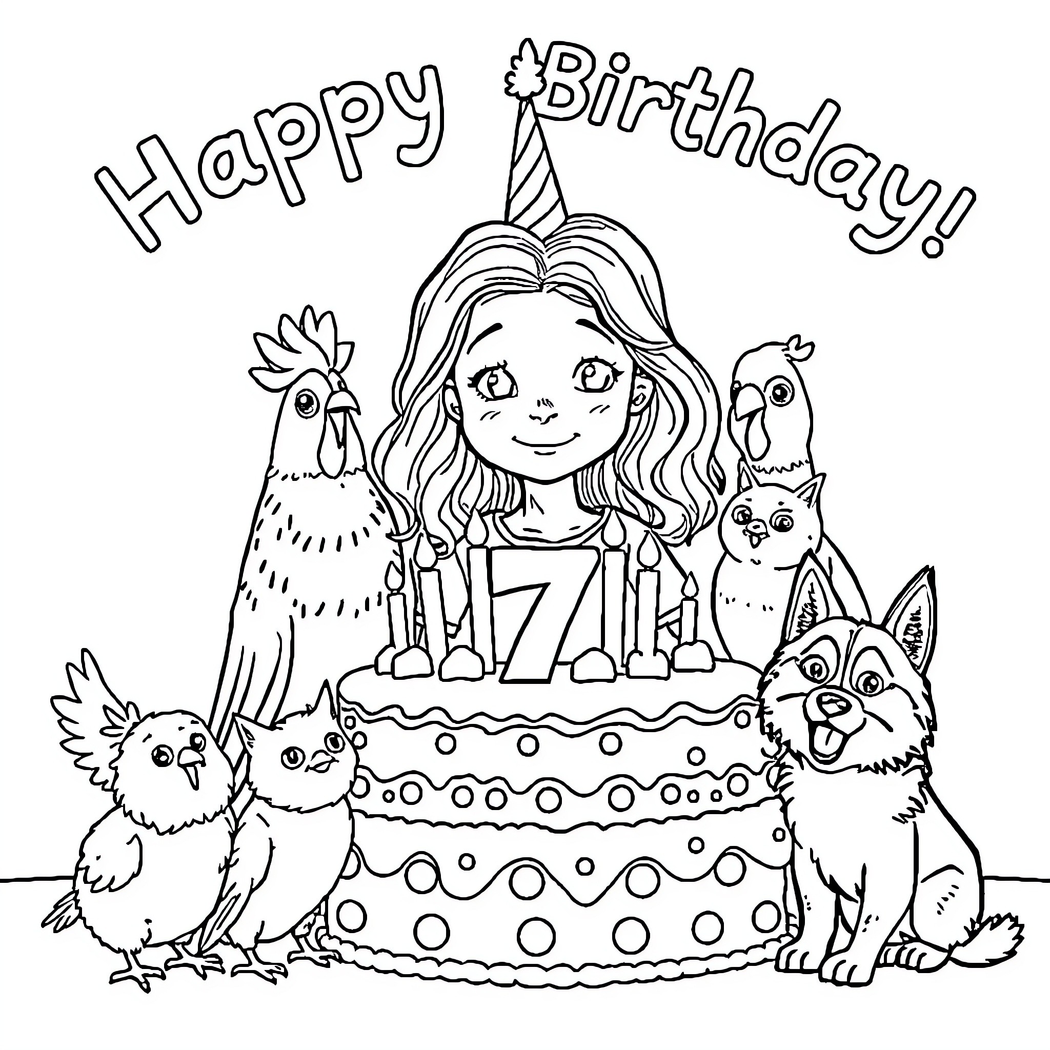Girl Celebrates Birthday with Pets and Cake Coloring Page (free black-and-white line drawing printable PDF for all, from beginners to advanced learners, including children, teens, adults, and seniors)