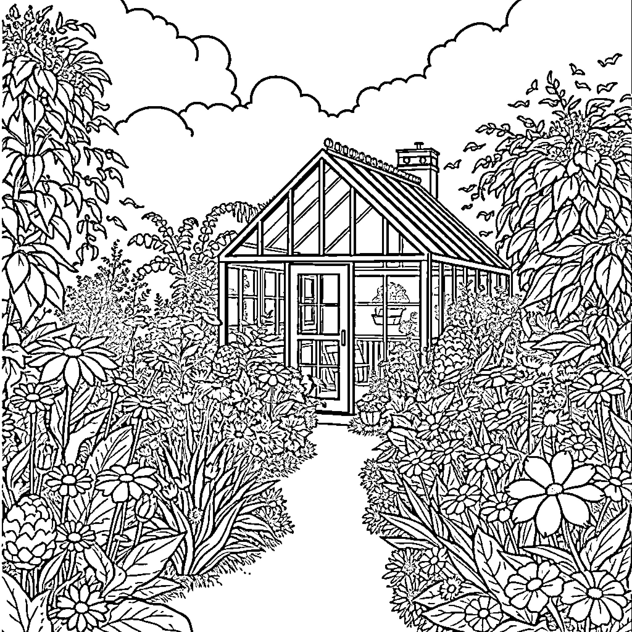 Garden Oasis with Cozy Cottage Retreat Coloring Page (free black-and-white line drawing printable PDF for all, from beginners to advanced learners, including children, teens, adults, and seniors)
