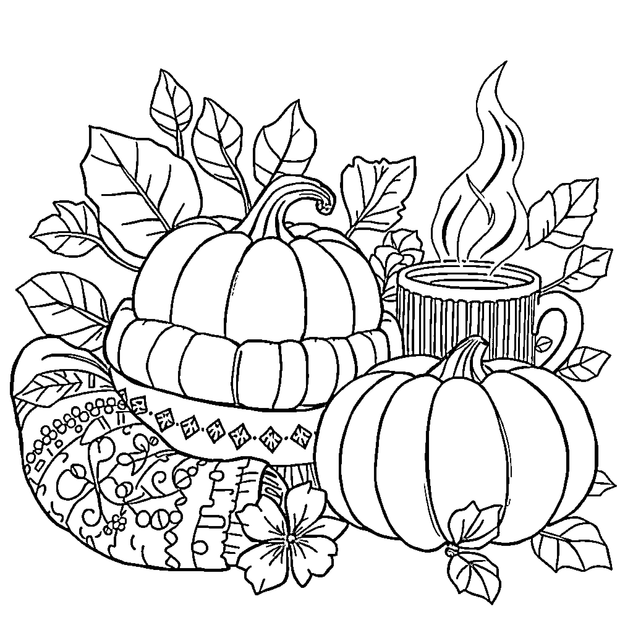 Fall Harvest Abundance with Pumpkins and Foliage Coloring Page (free black-and-white line drawing printable PDF for all, from beginners to advanced learners, including children, teens, adults, and seniors)