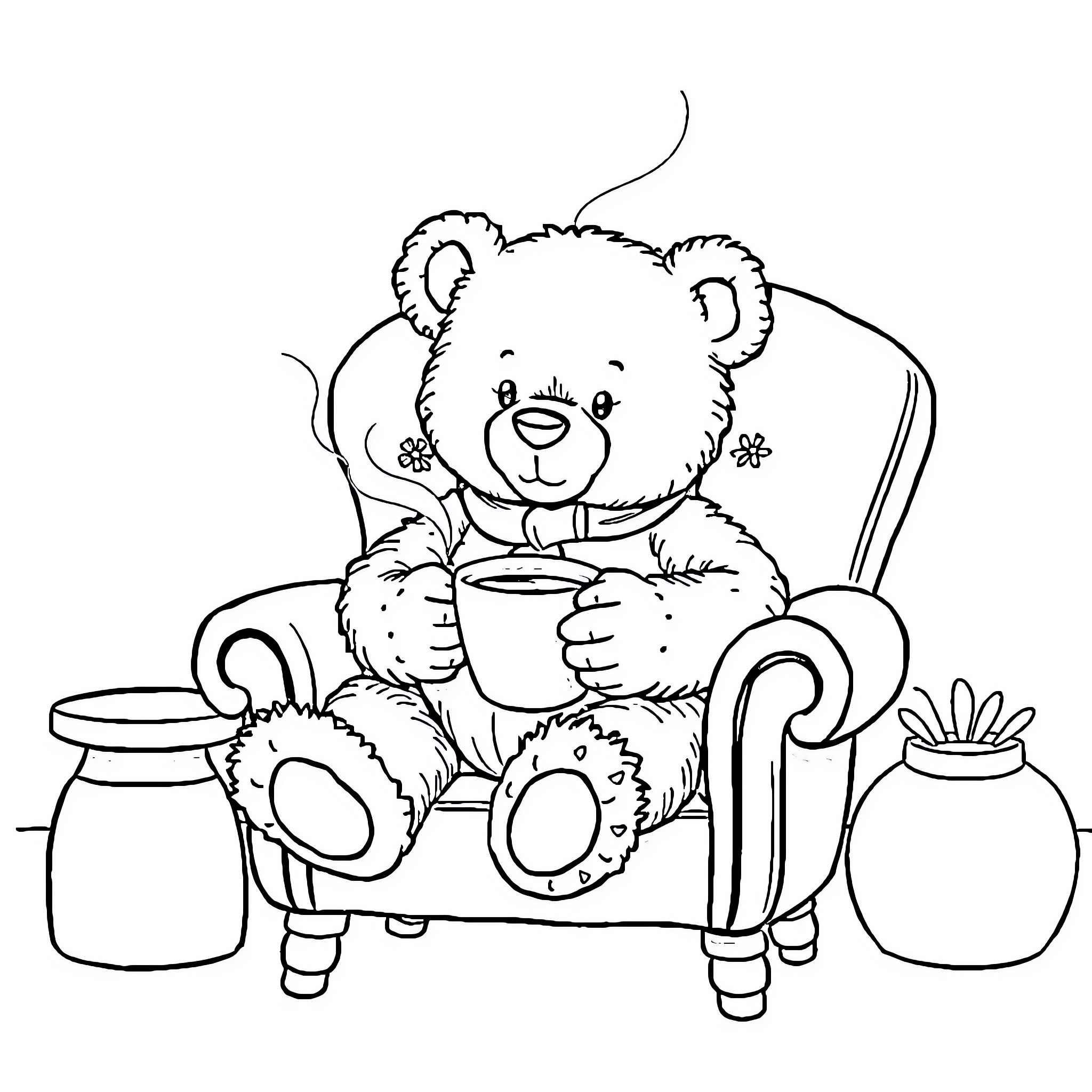 Teddy bear relaxing on a cozy armchair Coloring Page (free black-and-white line drawing printable PDF for all, from beginners to advanced learners, including children, teens, adults, and seniors)