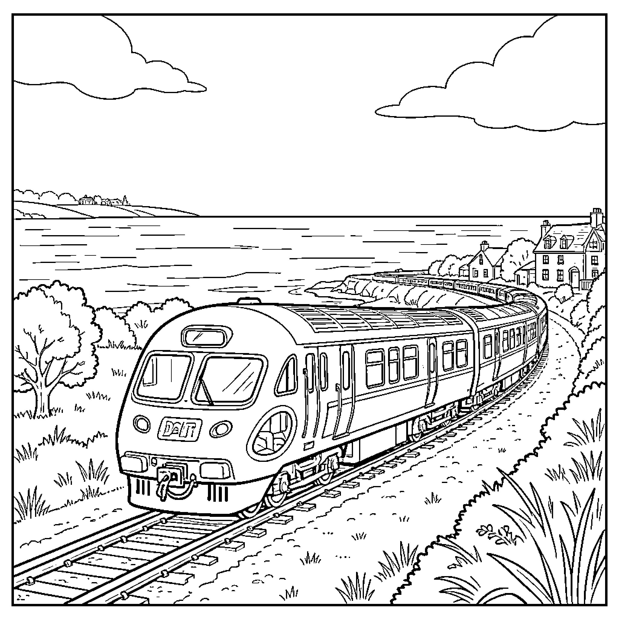 Dart Train traveling along a scenic coastal track Coloring Page (free black-and-white line drawing printable PDF for all, from beginners to advanced learners, including children, teens, adults, and seniors)