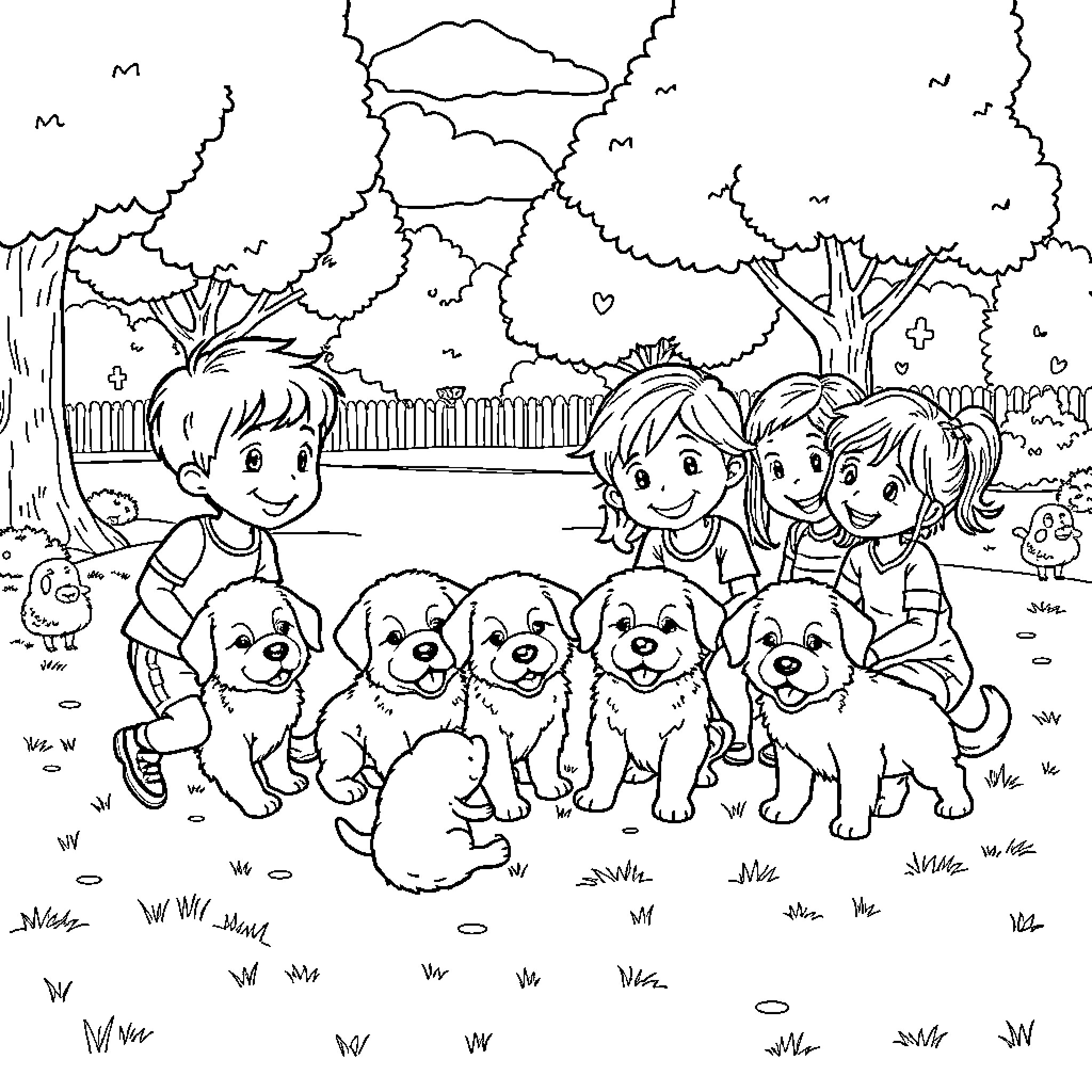 Child and their friends with cute puppies in the park Coloring Page (free black-and-white line drawing printable PDF for all, from beginners to advanced learners, including children, teens, adults, and seniors)