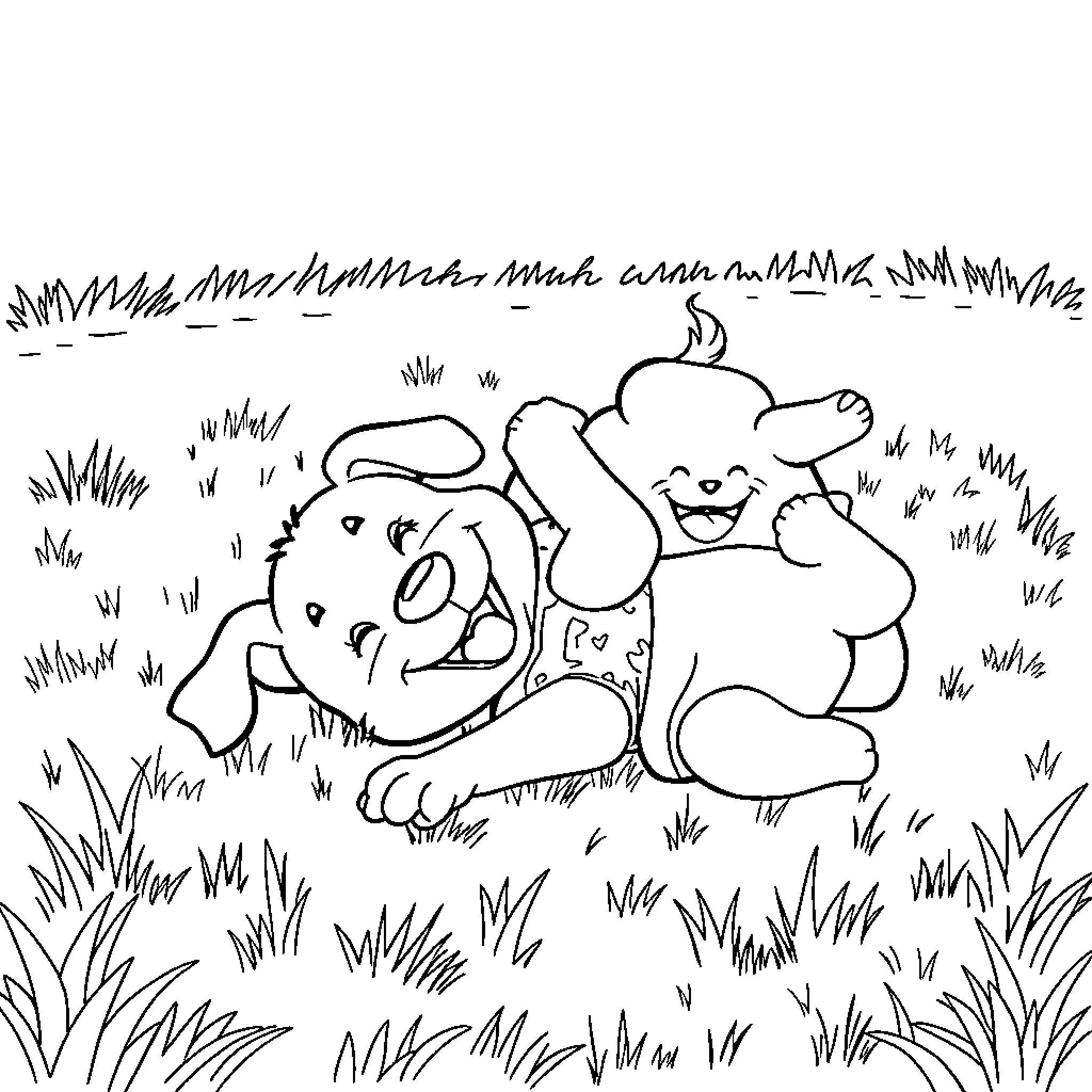 Dog playing joyfully with puppy in grassy field Coloring Page (free black-and-white line drawing printable PDF for all, from beginners to advanced learners, including children, teens, adults, and seniors)