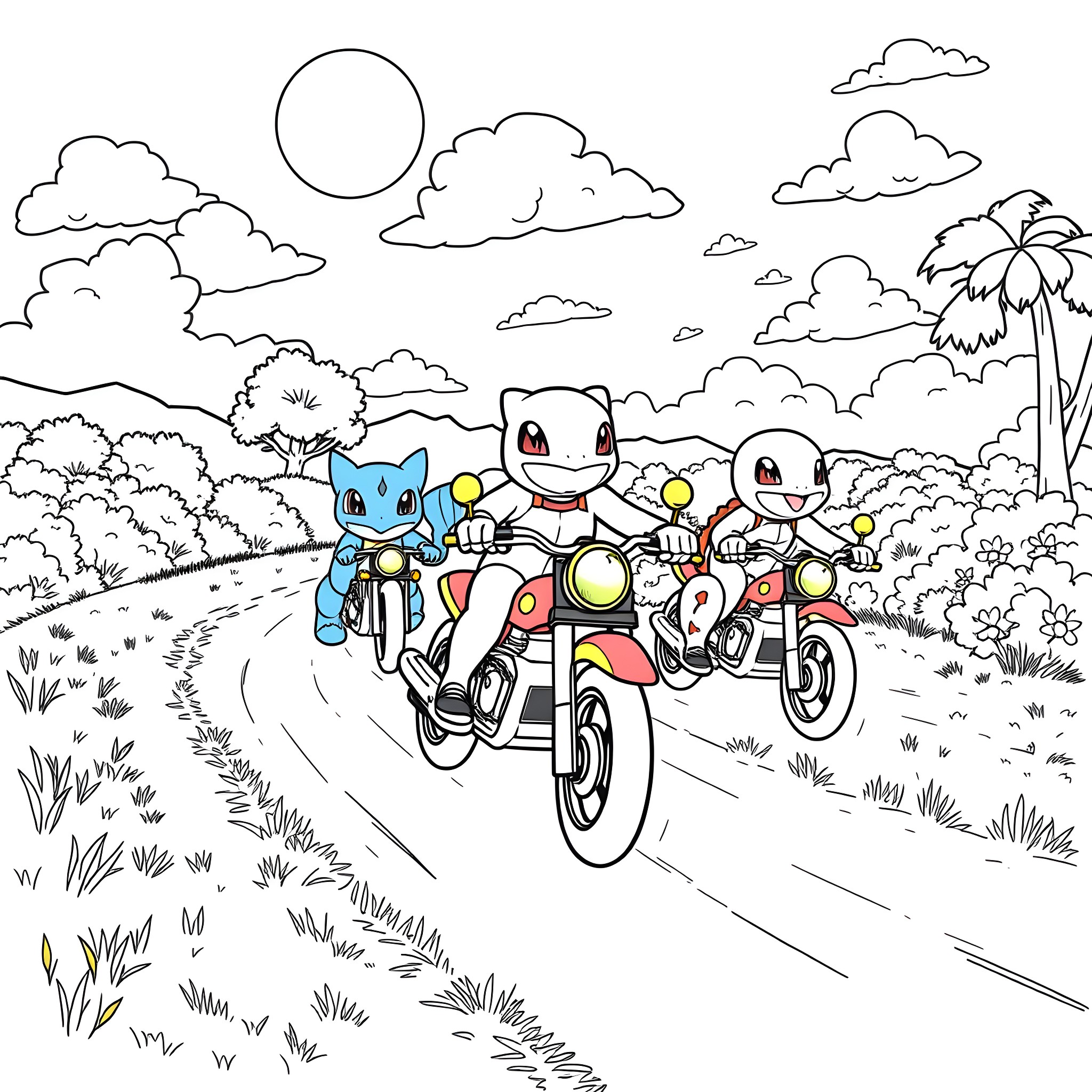 Pokémon characters riding motorcycles on a scenic road Coloring Page (free black-and-white line drawing printable PDF for all, from beginners to advanced learners, including children, teens, adults, and seniors)