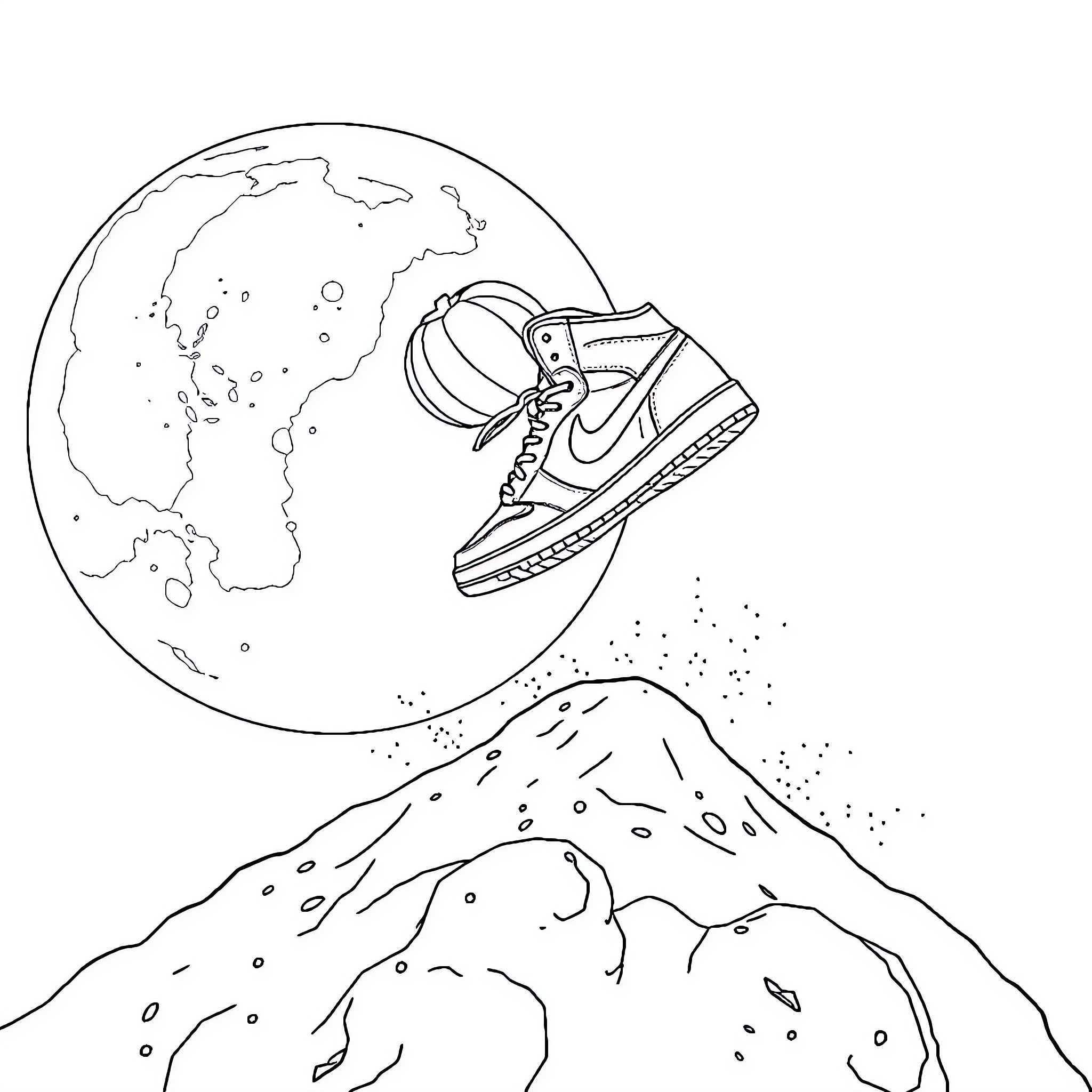 Air Jordan sneakers soaring over mountainous terrain Coloring Page (free black-and-white line drawing printable PDF for all, from beginners to advanced learners, including children, teens, adults, and seniors)