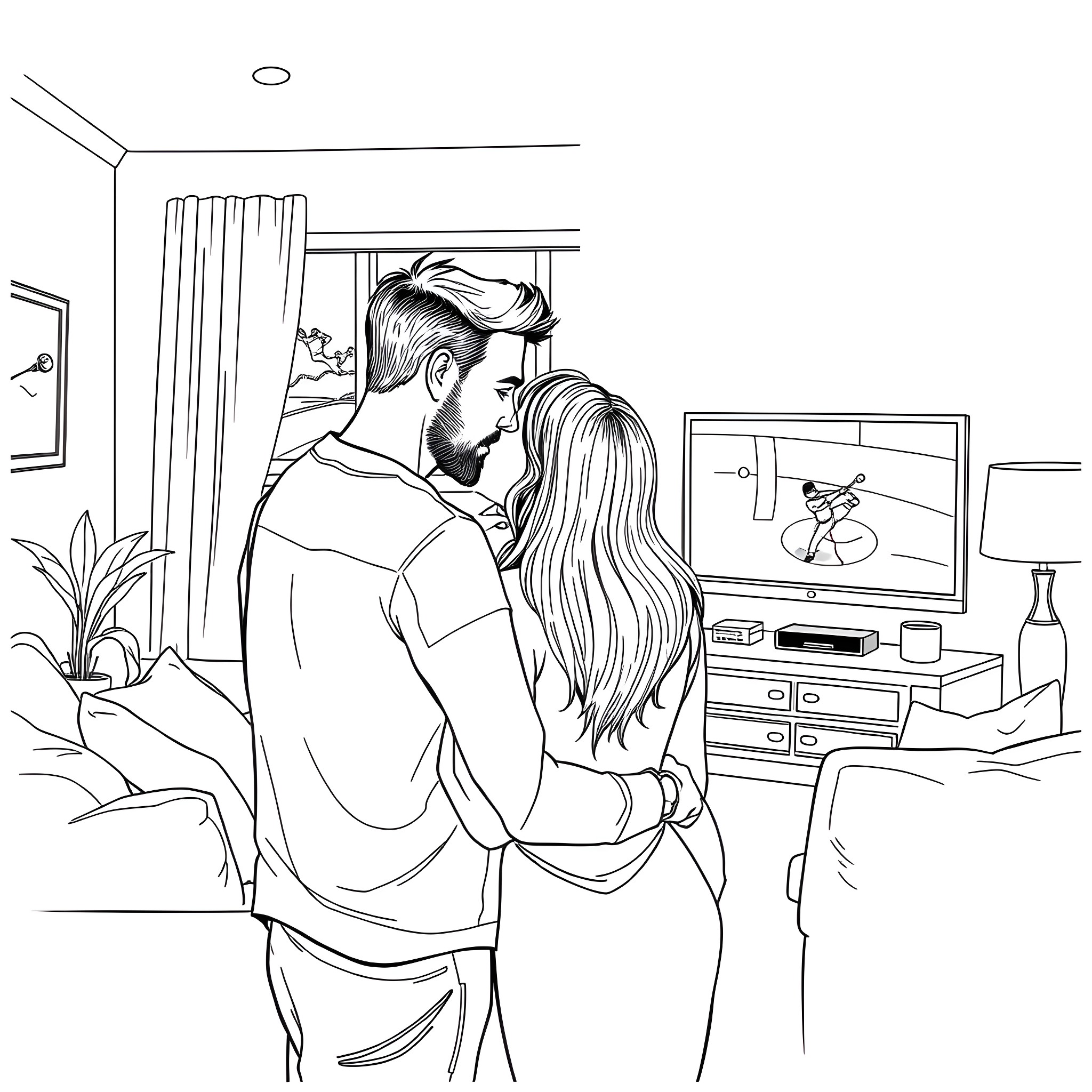 Couple embracing affectionately in cozy home setting Coloring Page (free black-and-white line drawing printable PDF for all, from beginners to advanced learners, including children, teens, adults, and seniors)