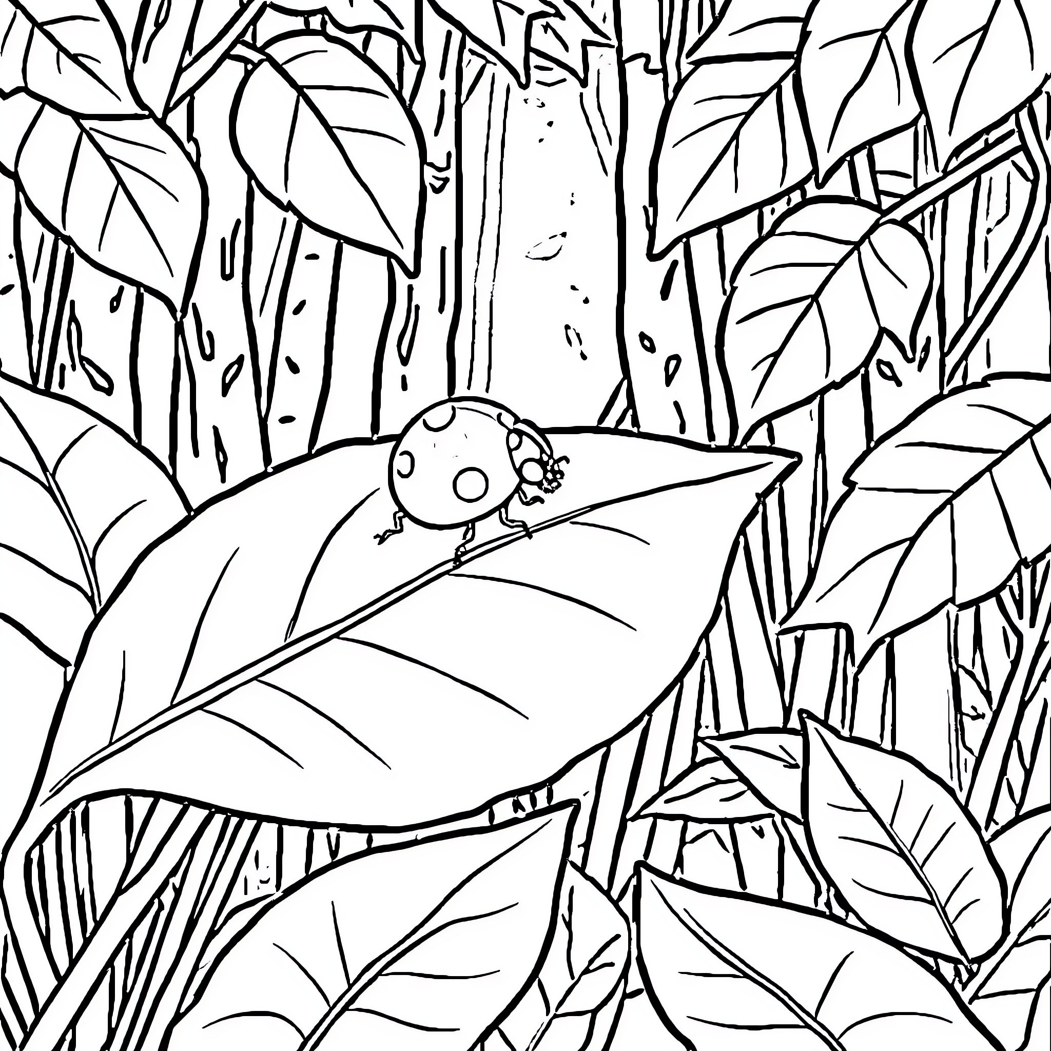 Ladybug exploring the lush foliage Coloring Page (free black-and-white line drawing printable PDF for all, from beginners to advanced learners, including children, teens, adults, and seniors)