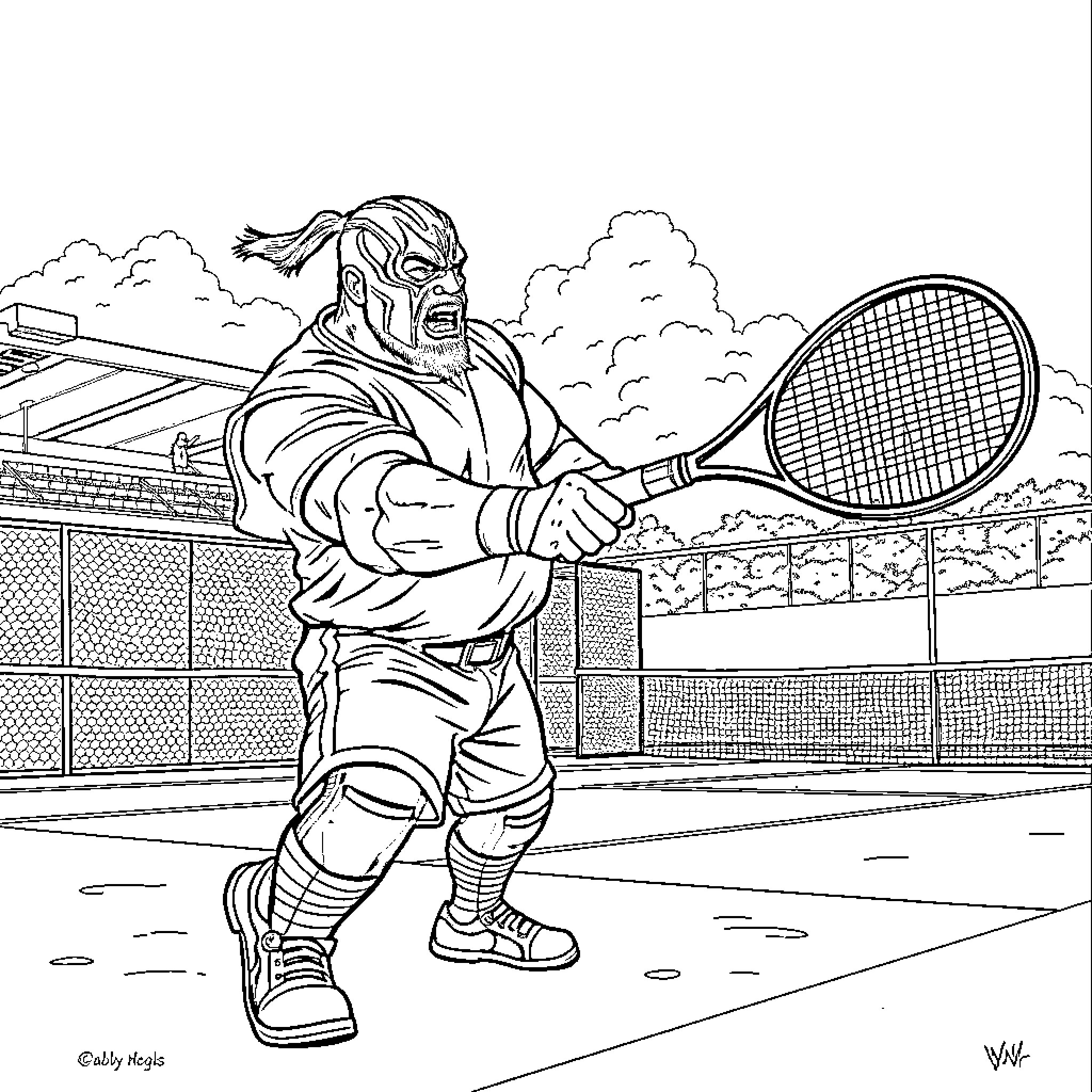 Kane Fierce Tennis Player on the Court Coloring Page (free black-and-white line drawing printable PDF for all, from beginners to advanced learners, including children, teens, adults, and seniors)