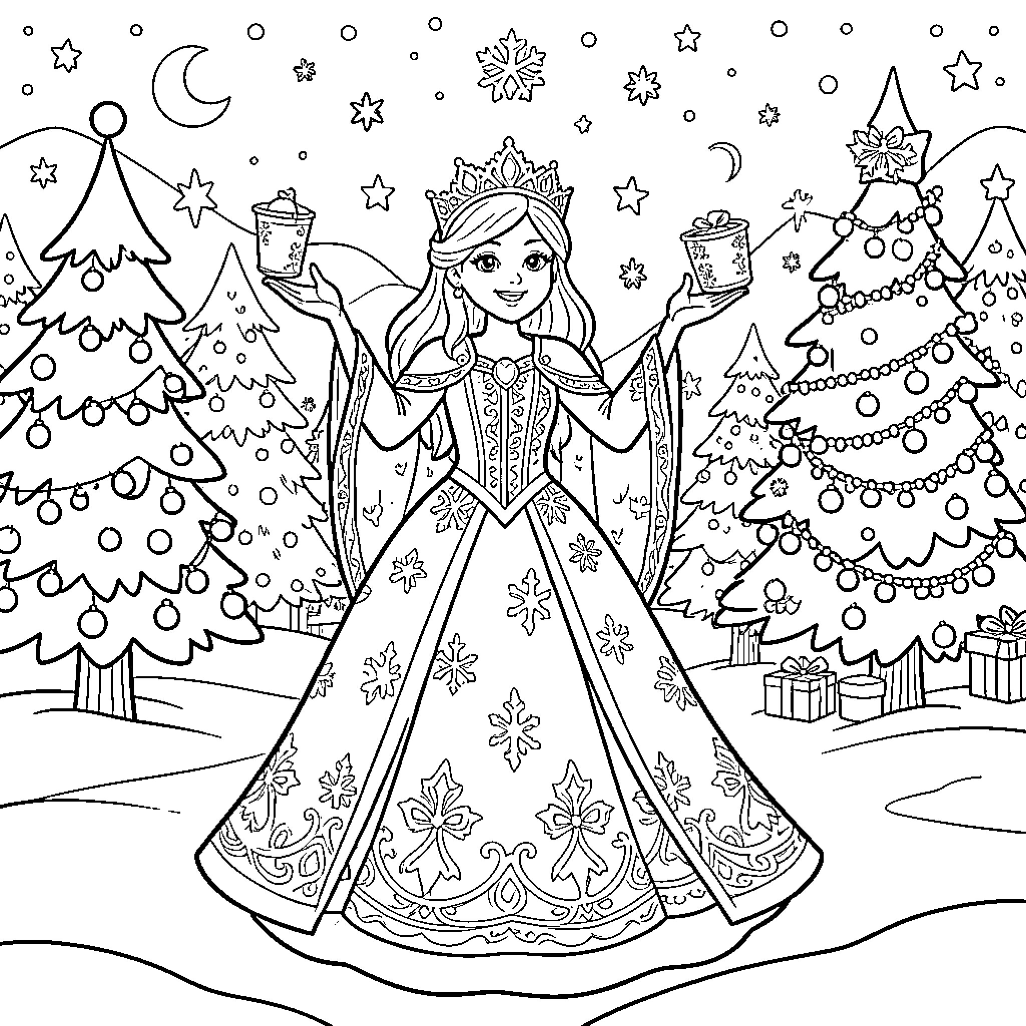 Snow Queen holding gifts in a winter wonderland Coloring Page (free black-and-white line drawing printable PDF for all, from beginners to advanced learners, including children, teens, adults, and seniors)
